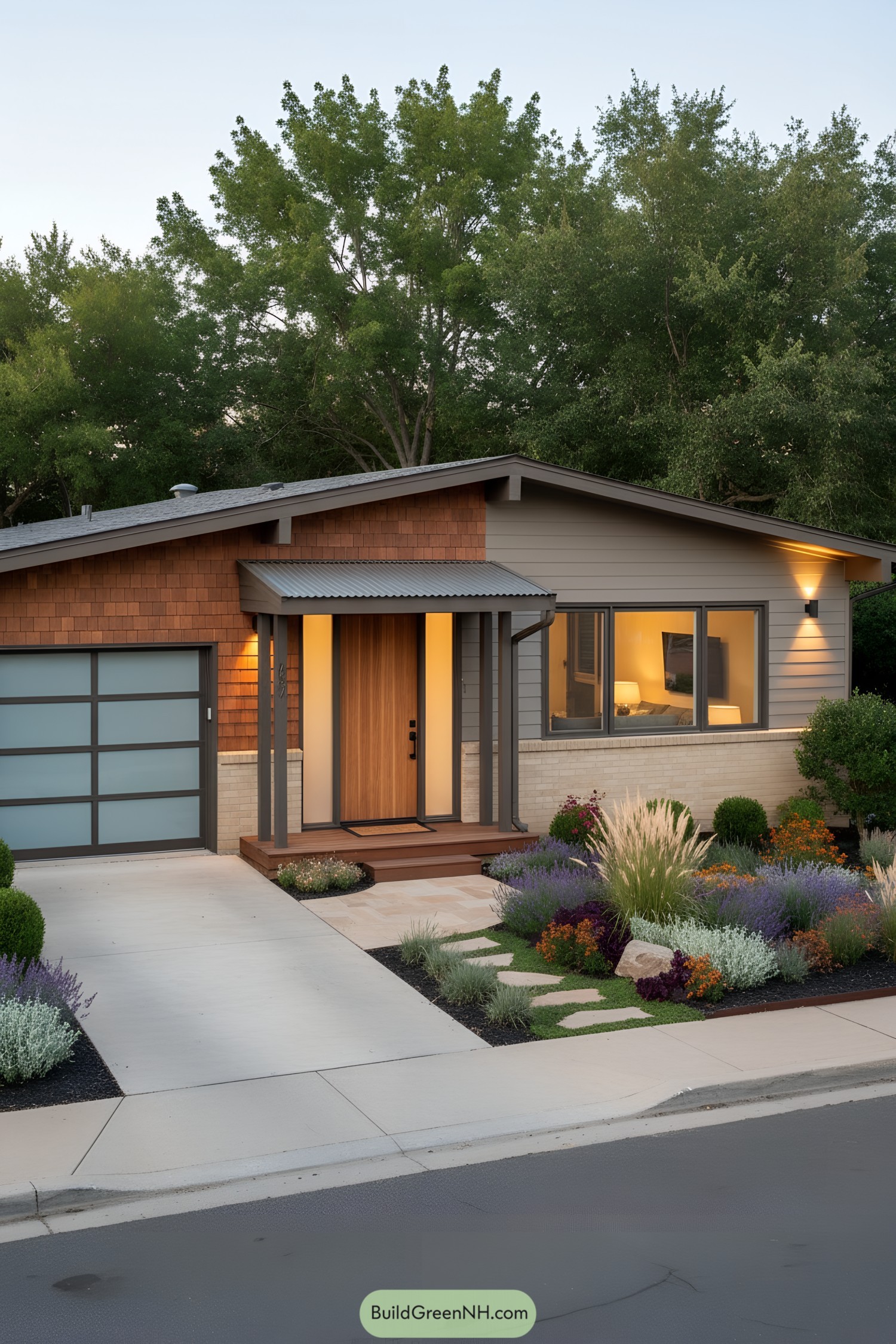 Mid-century home with cedar shingles, gray siding, and warm-lit entry