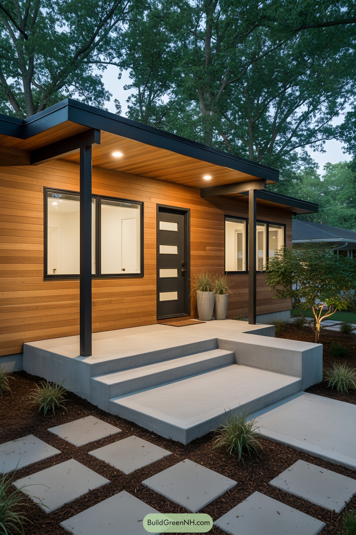 Mid-century entry with cedar siding and black steel posts at dusk