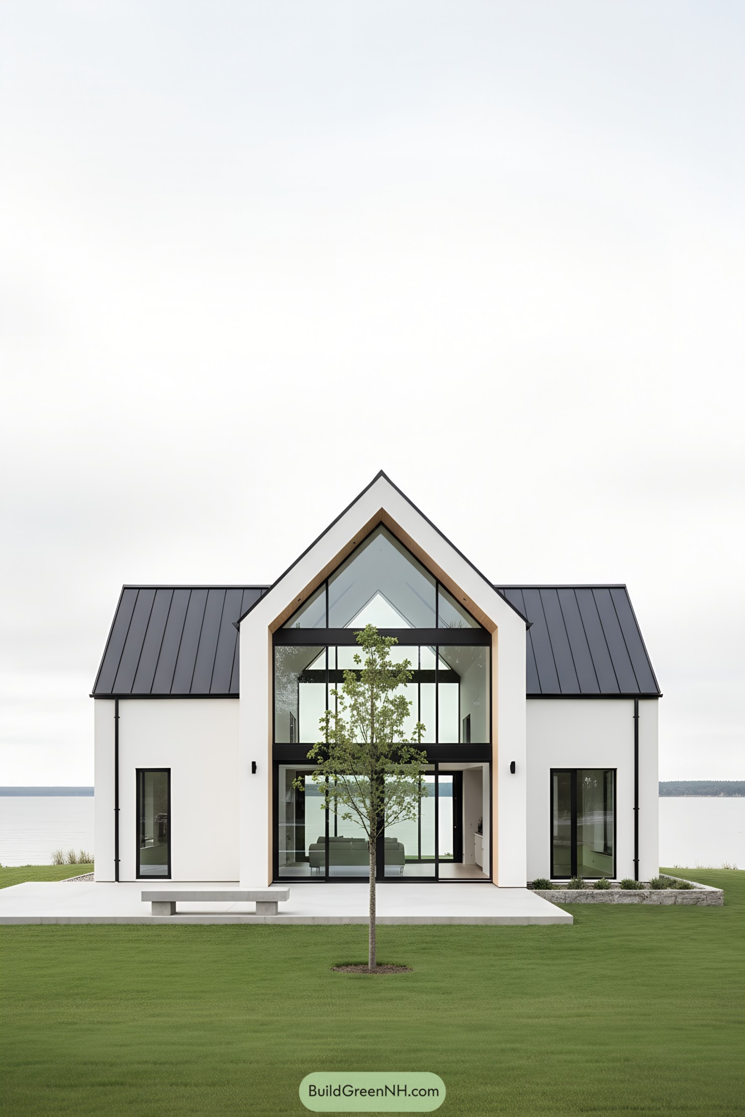 Minimal white gabled house with central glass atrium facing a lakeside lawn