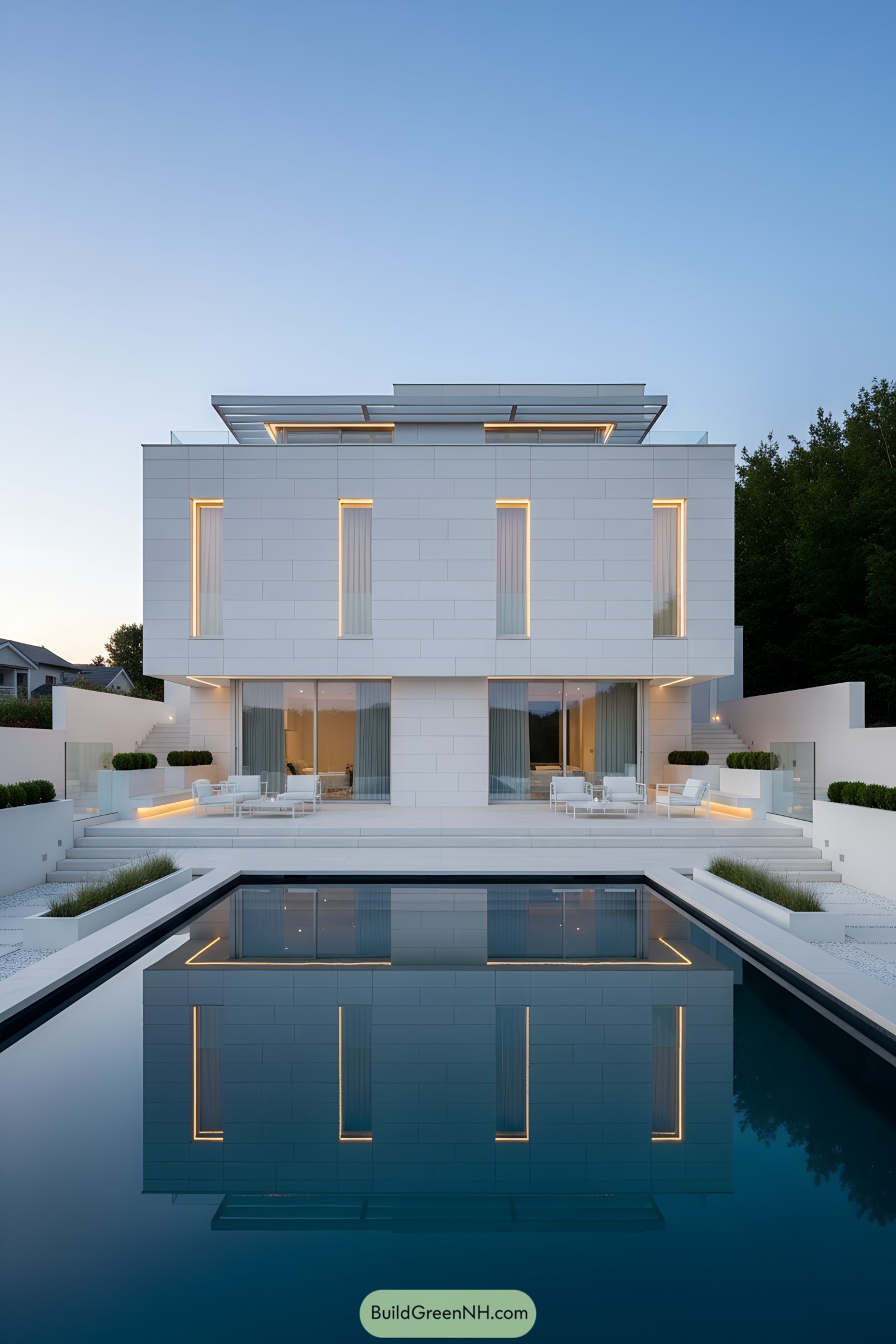 Minimalist white villa with tall slots and pool