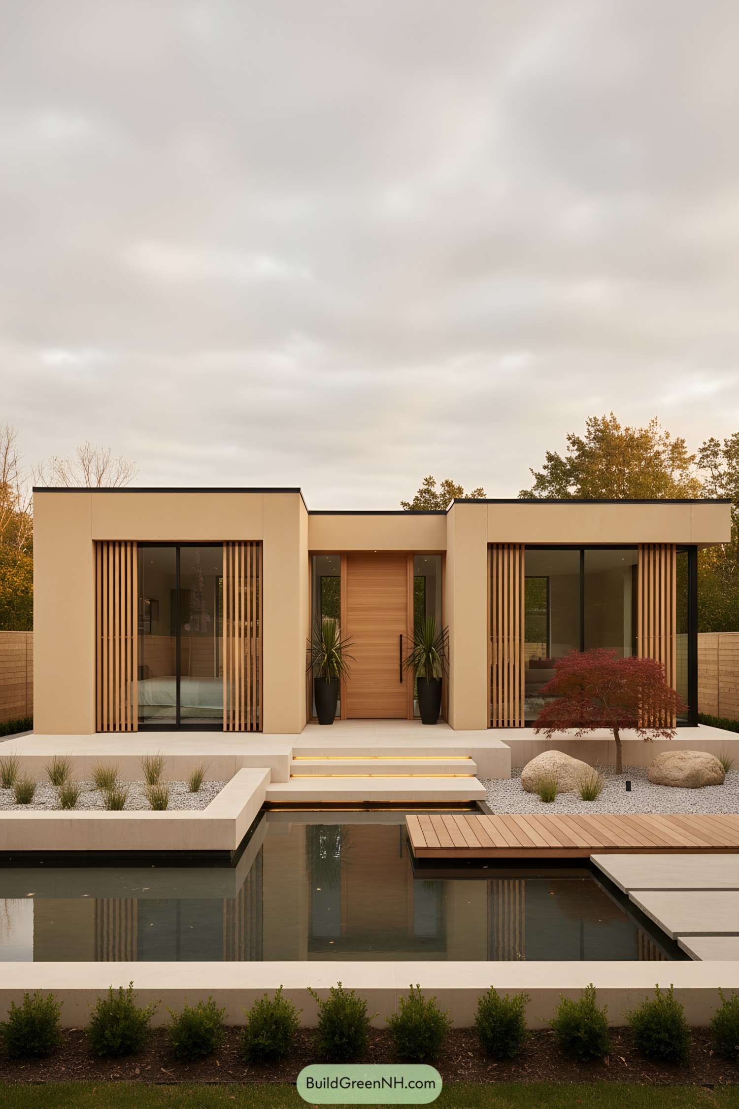 Minimalist beige house with reflecting pool and slatted screens