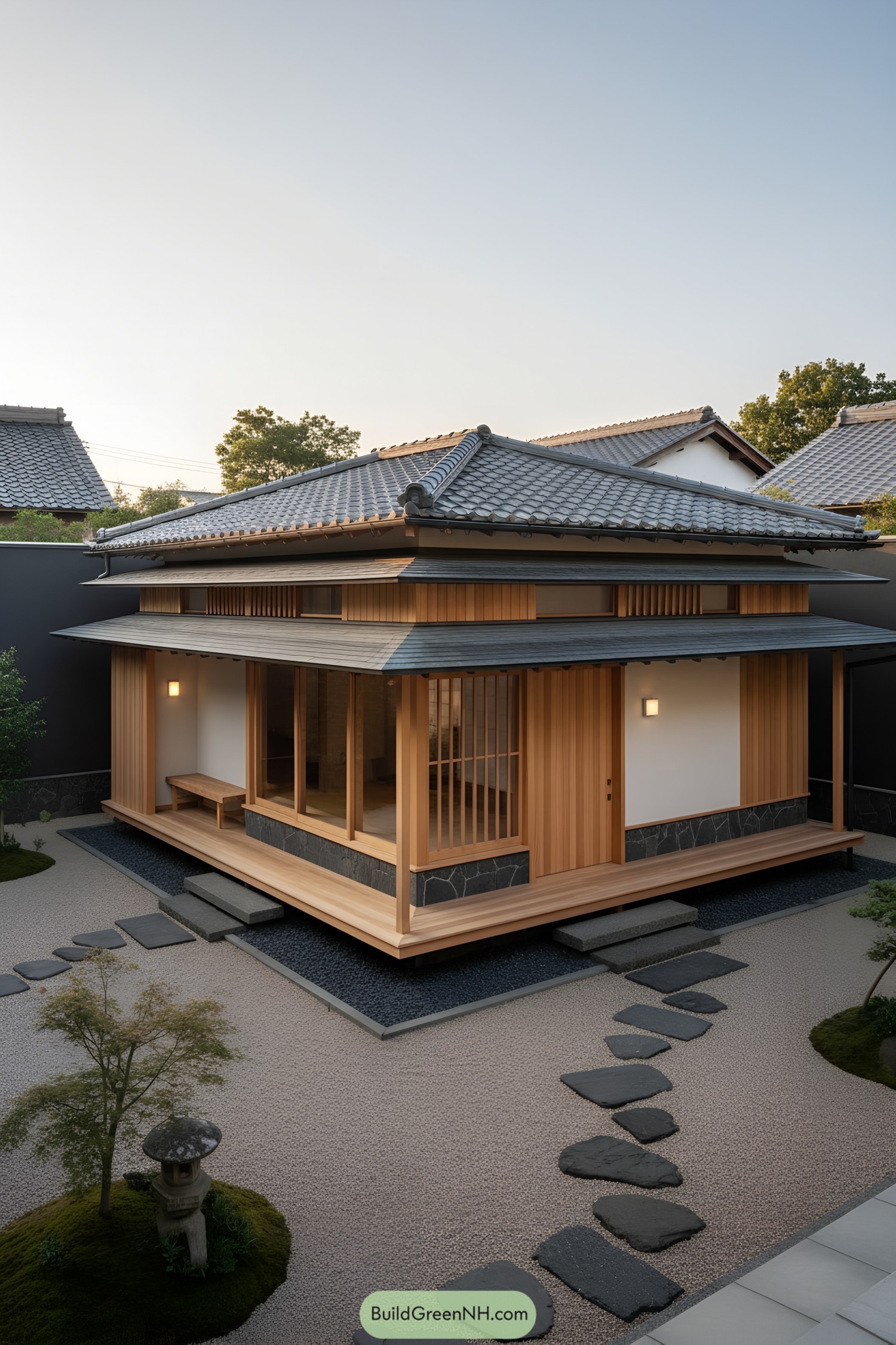 Minimalist Japanese house with cedar siding, shoji screens, and tiled hip roof in a raked gravel courtyard