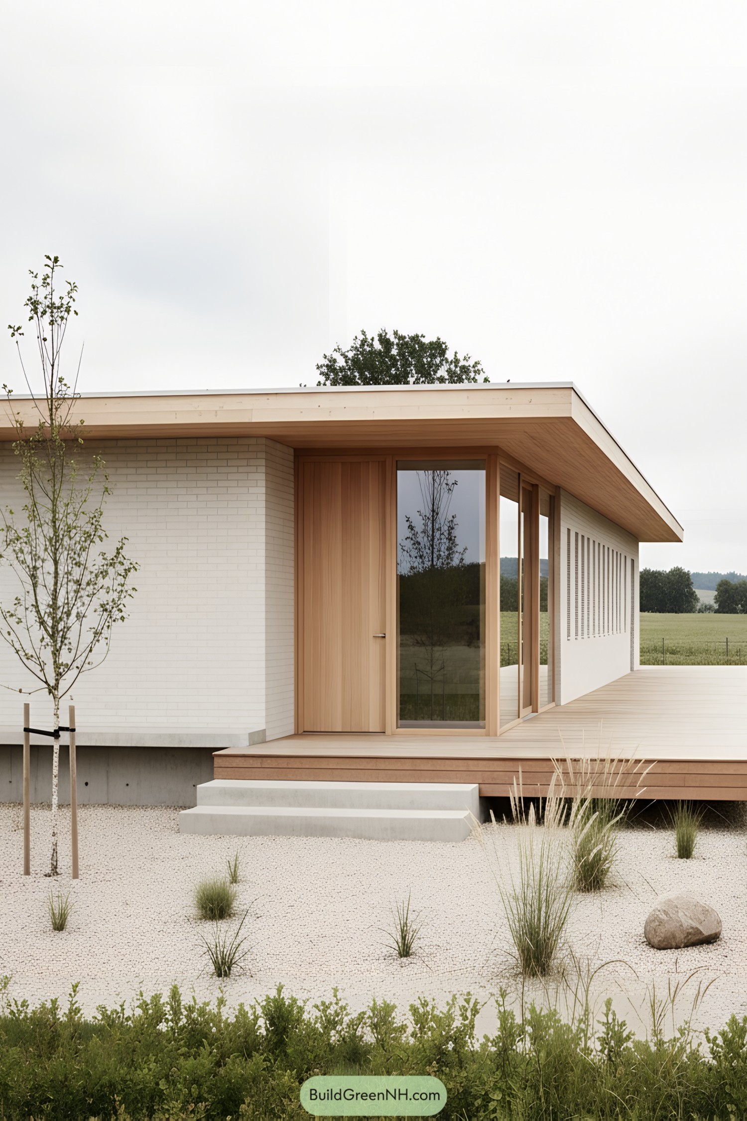Low-profile white brick home with wood accents