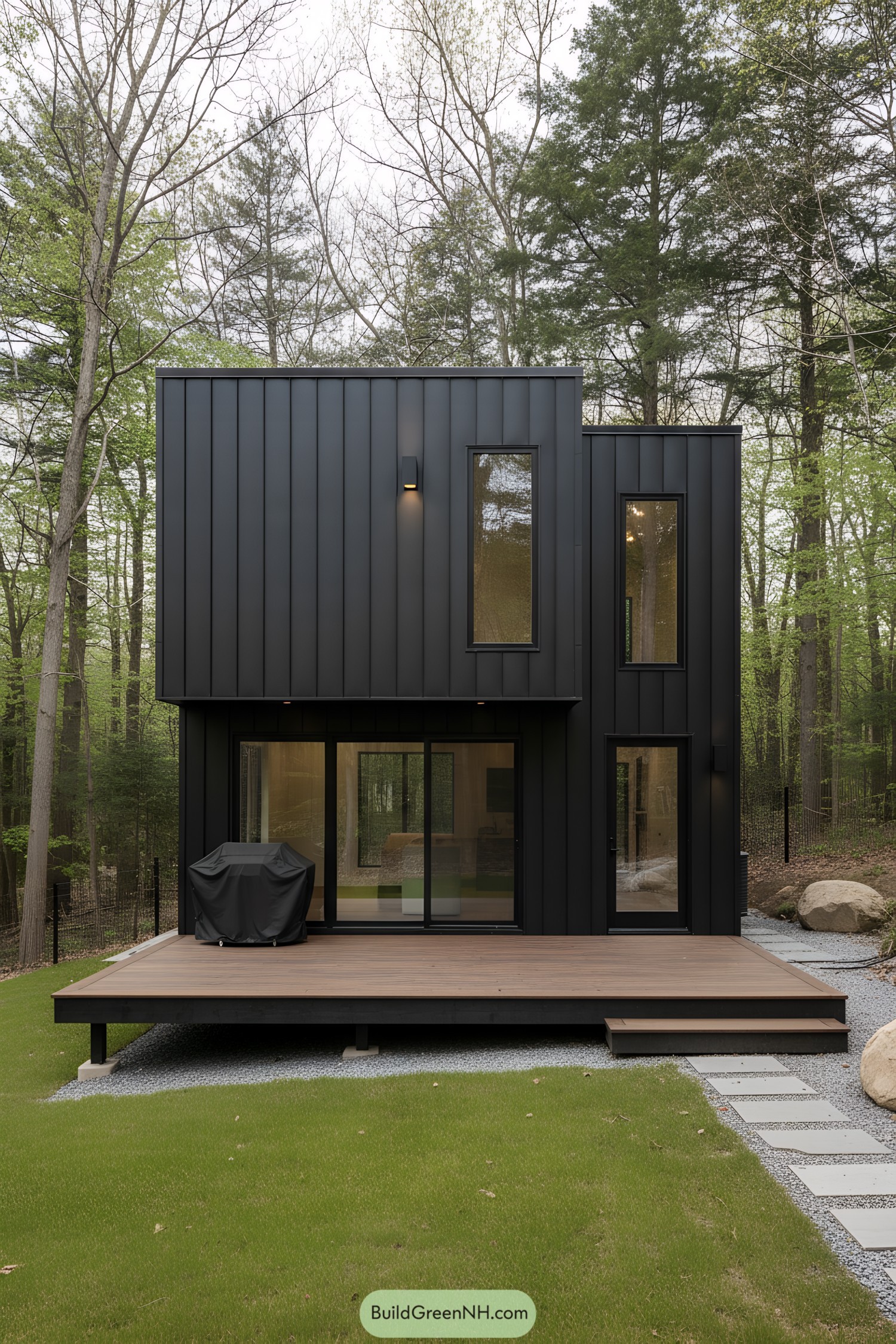 Black metal-clad cube house with wood deck in the woods