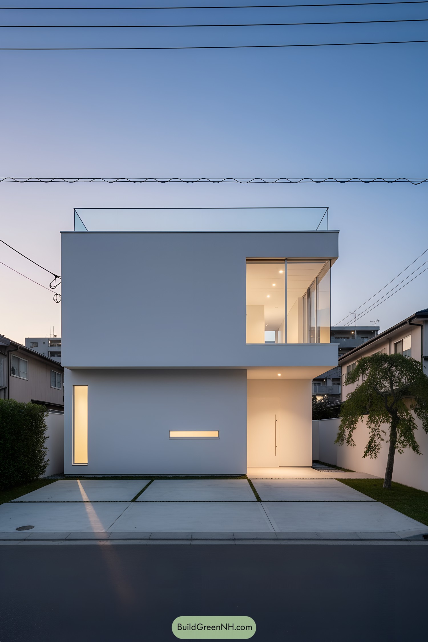 Minimal white two-story cube house at dusk with slit windows and a corner glass room