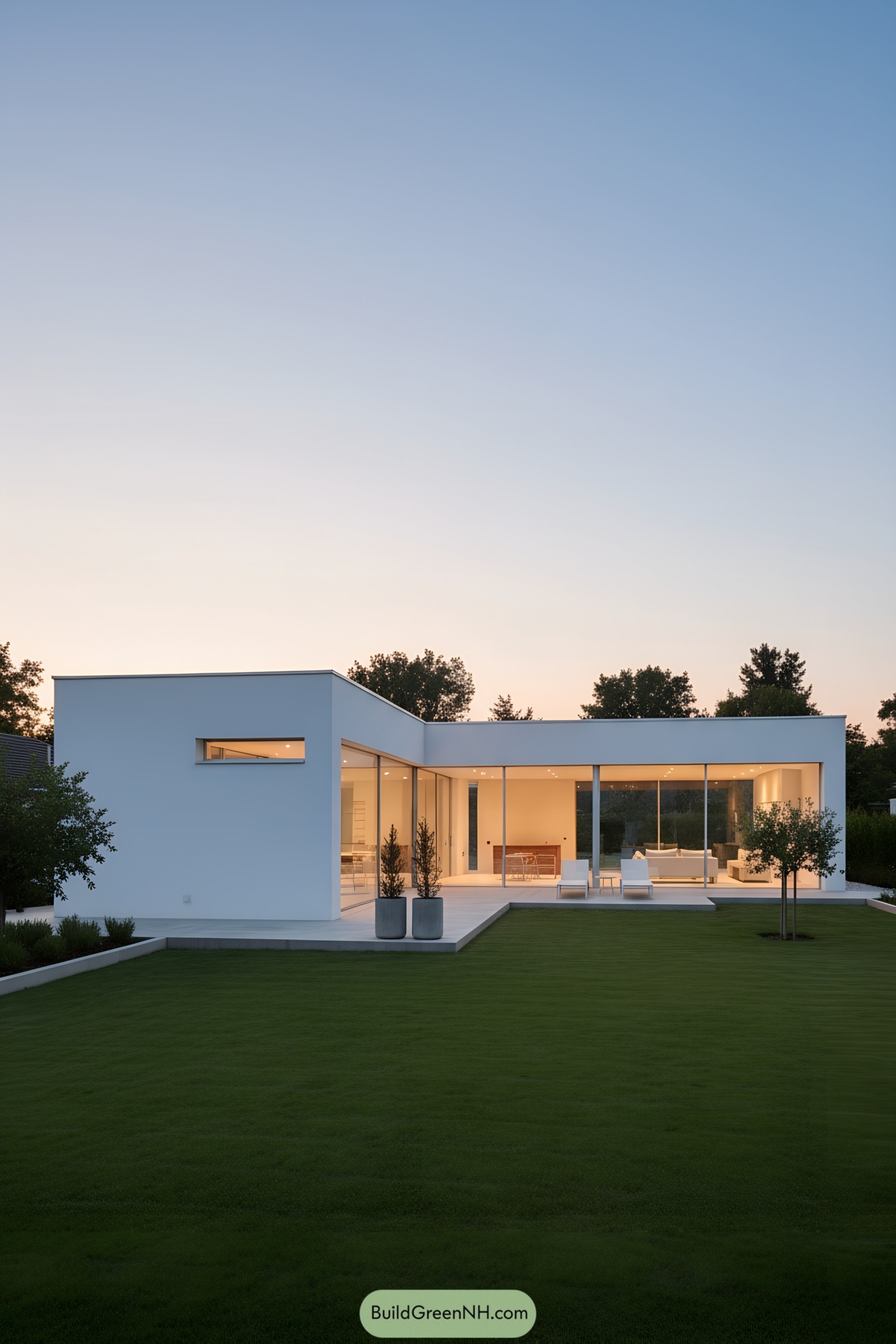 White modern house with glass walls at dusk
