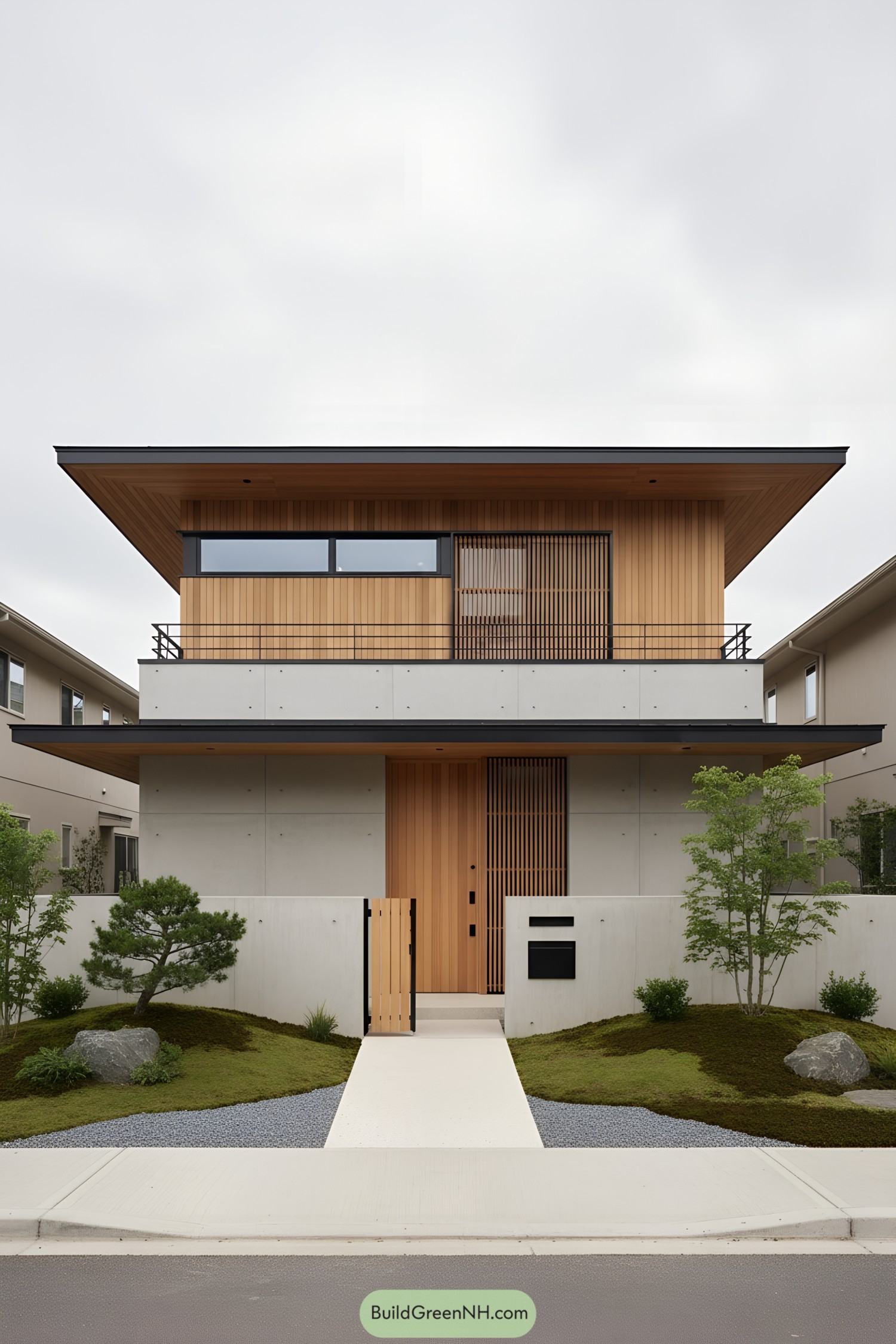 Two-story minimalist house with deep eaves, cedar cladding, and concrete base