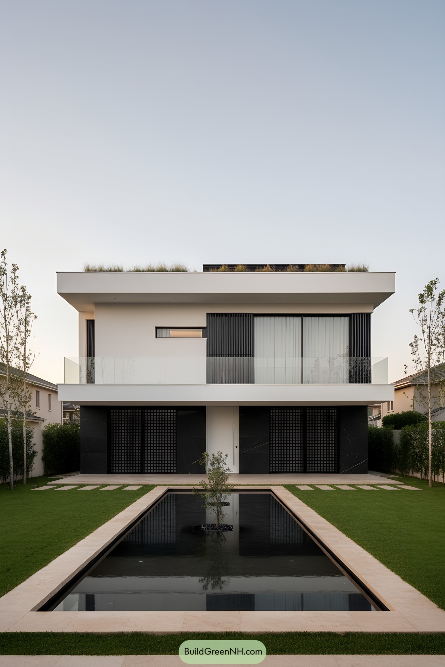 Minimalist villa with reflecting pool and rooftop greenery