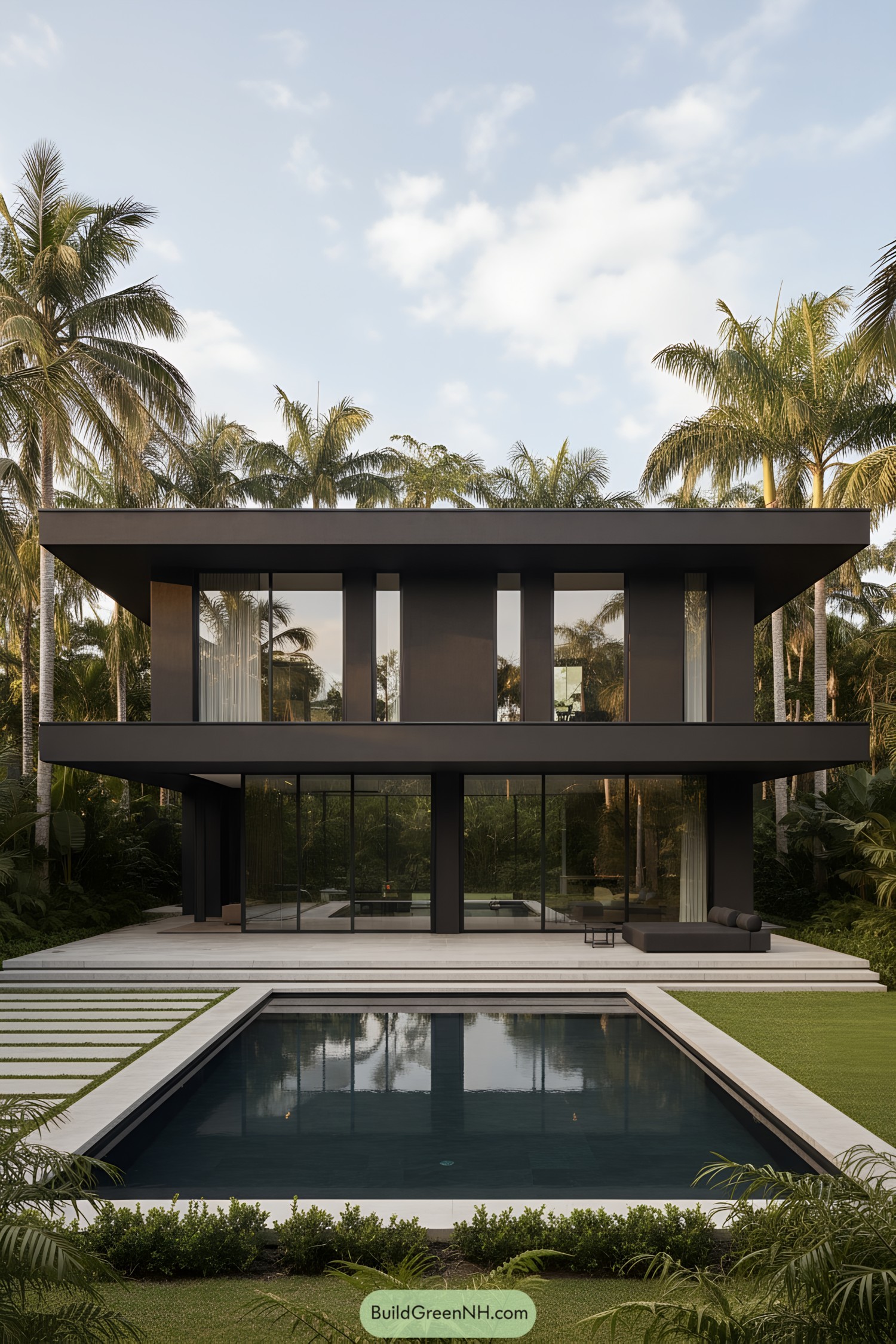 Two-story black minimalist villa with pool and palm backdrop
