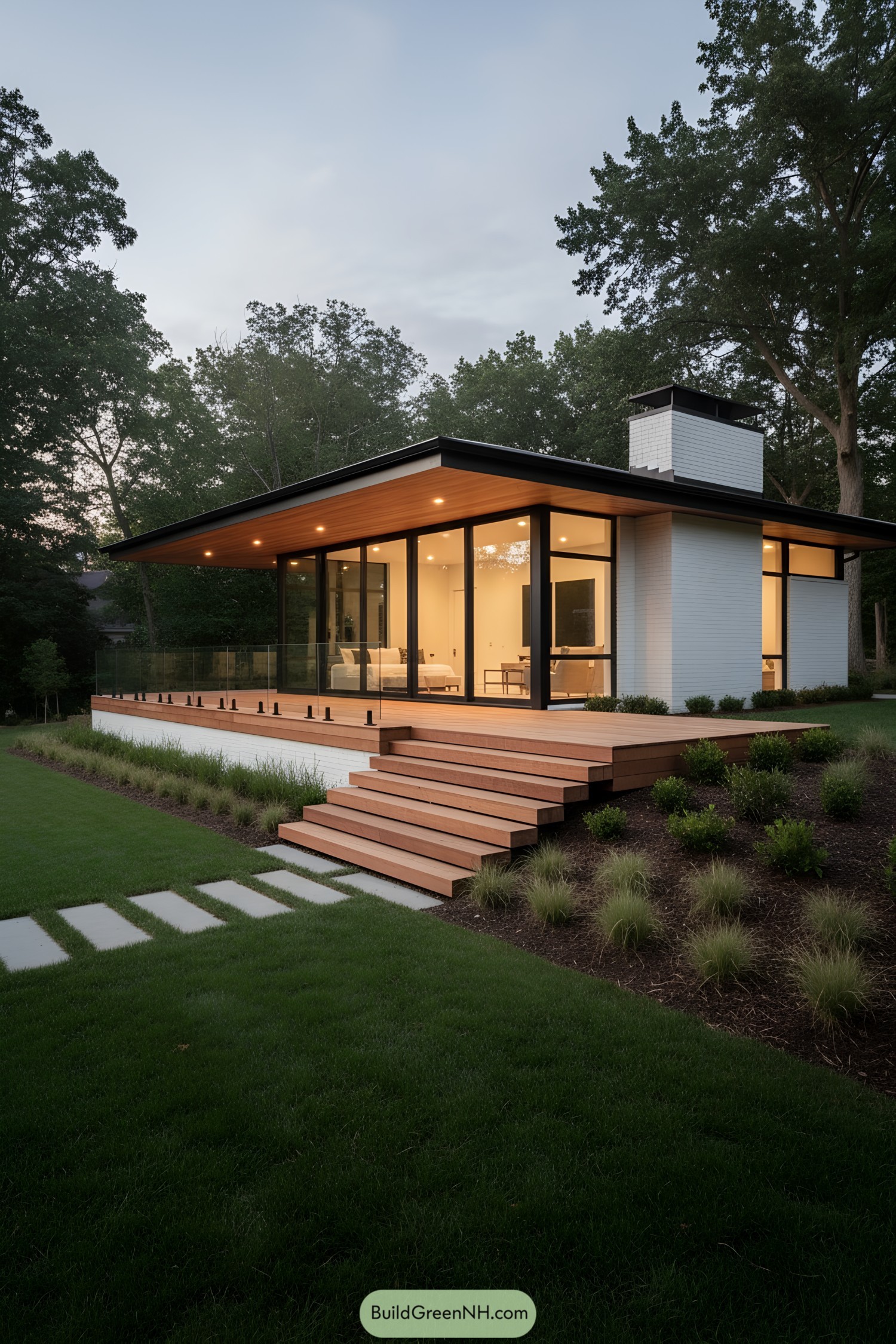 Minimalist pavilion with glass walls and wide timber steps