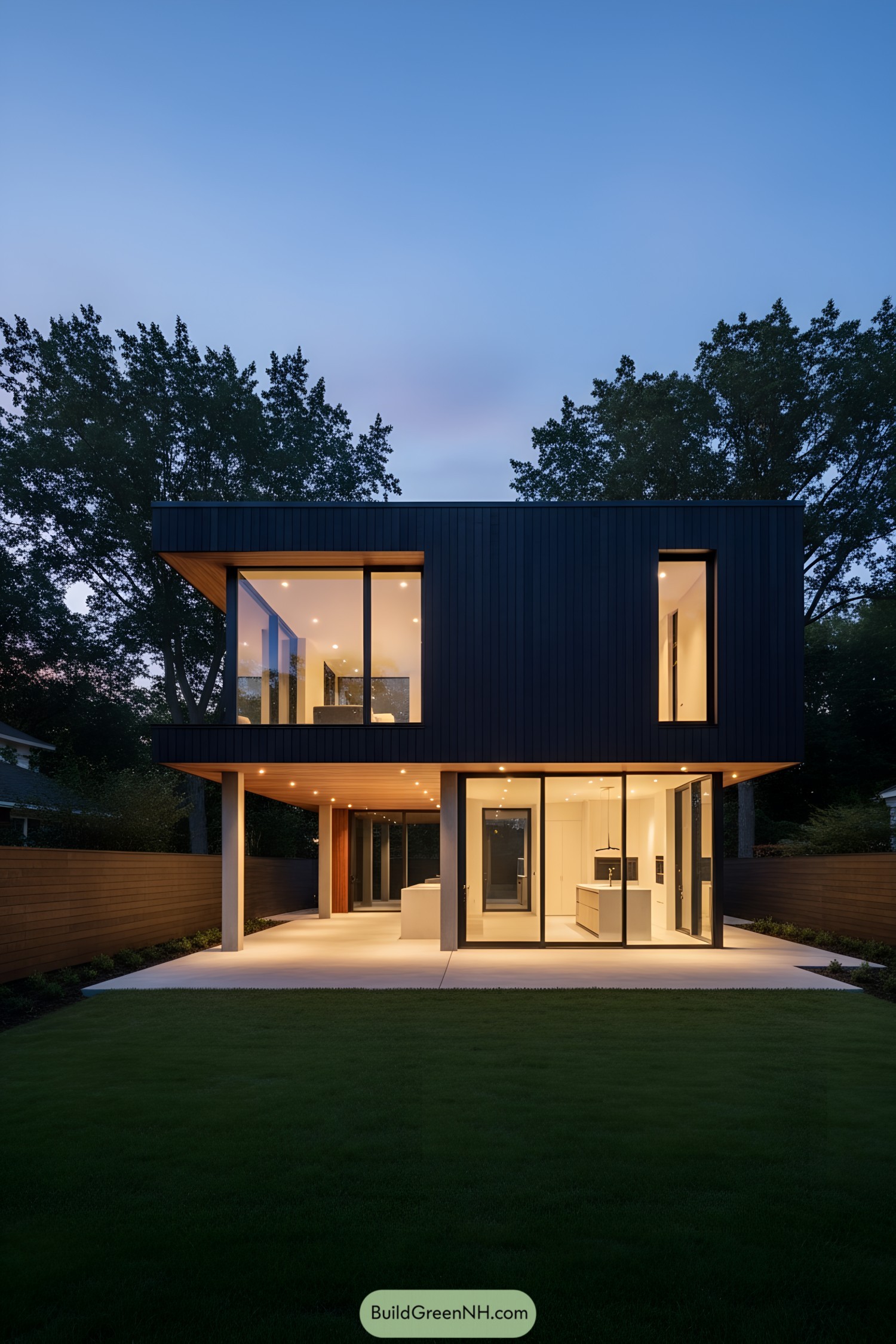 Two-story black-clad modern house with cantilevered upper level, glass walls, and covered patio glowing at dusk