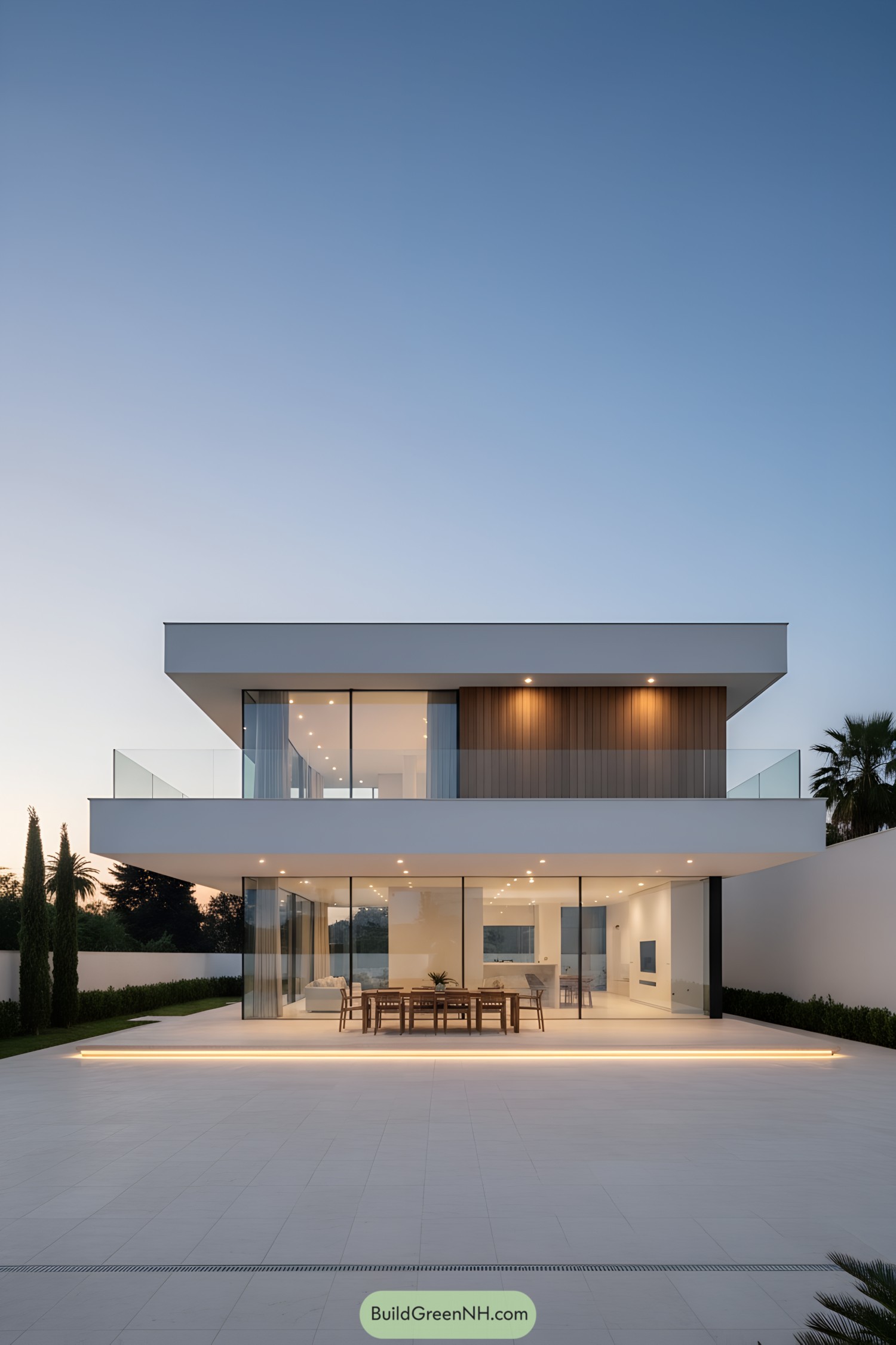 Two-story minimalist home with glass walls and wide terraces at dusk