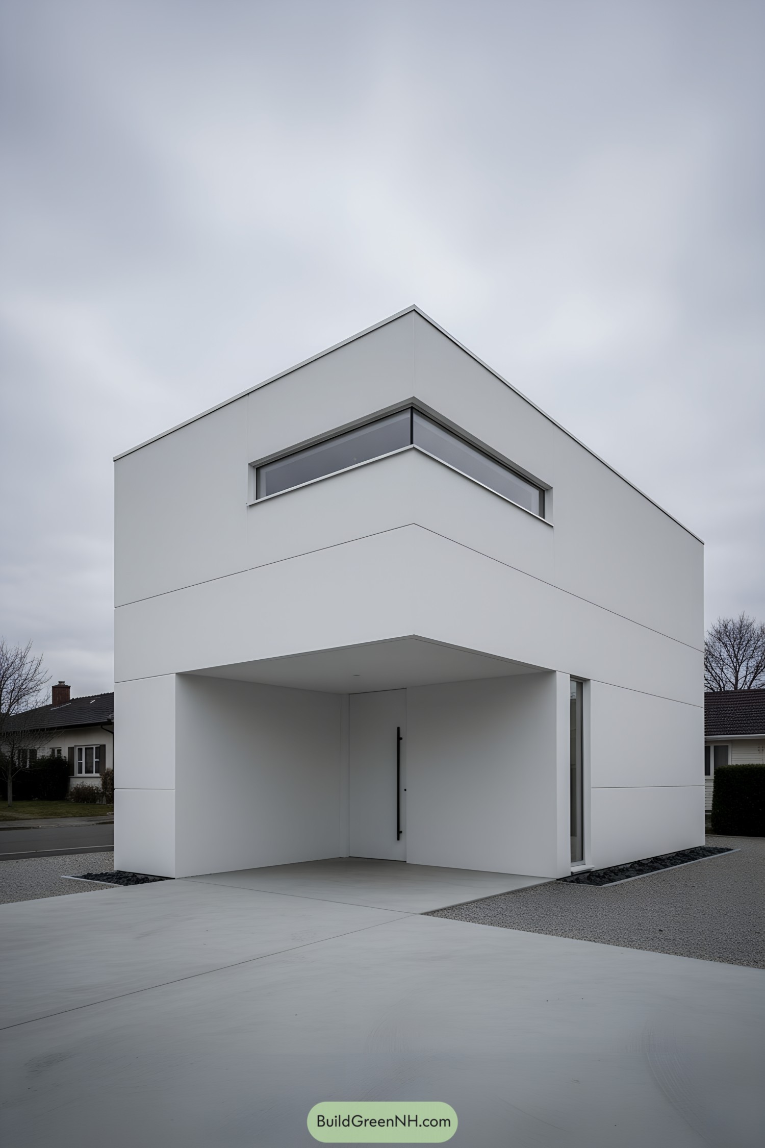 Minimal white cubic house with carport