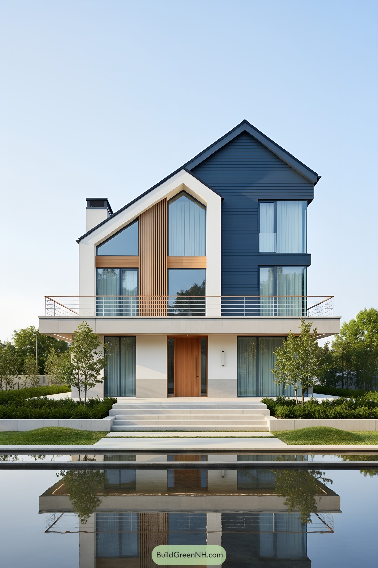 Minimalist gabled house with wood accents by a reflecting pool