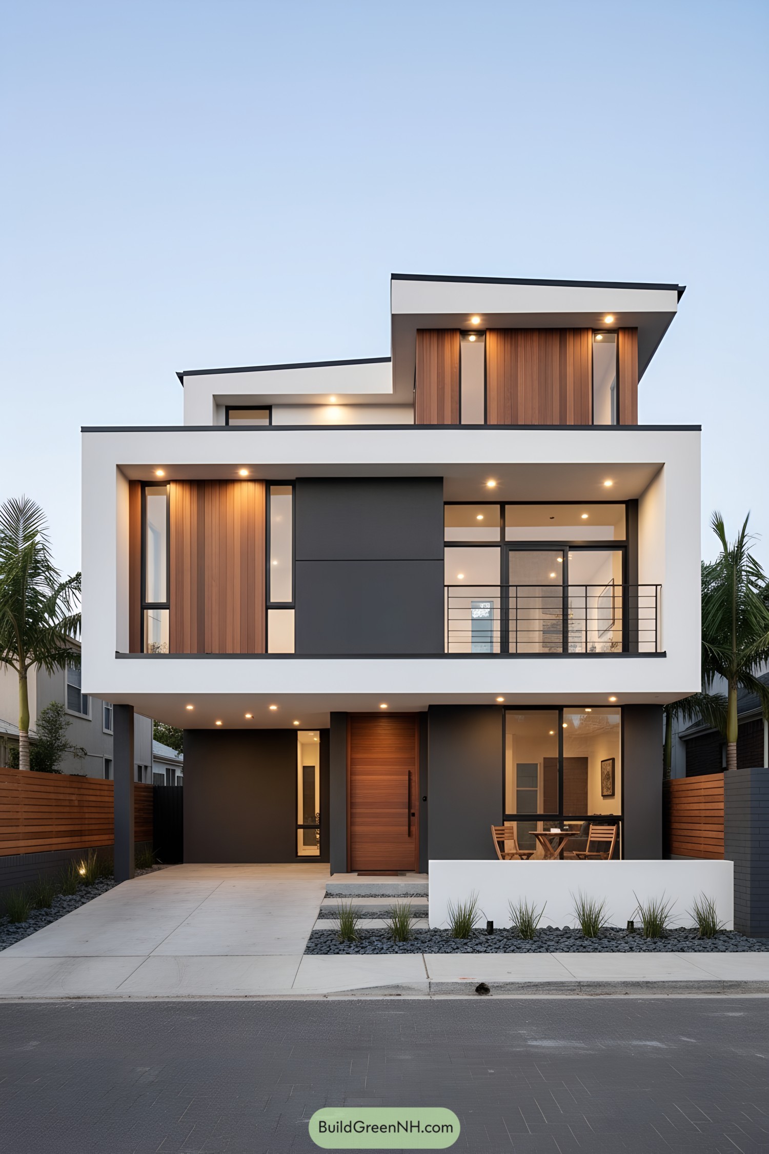 Three-story minimalist house with stacked terraces and warm wood accents