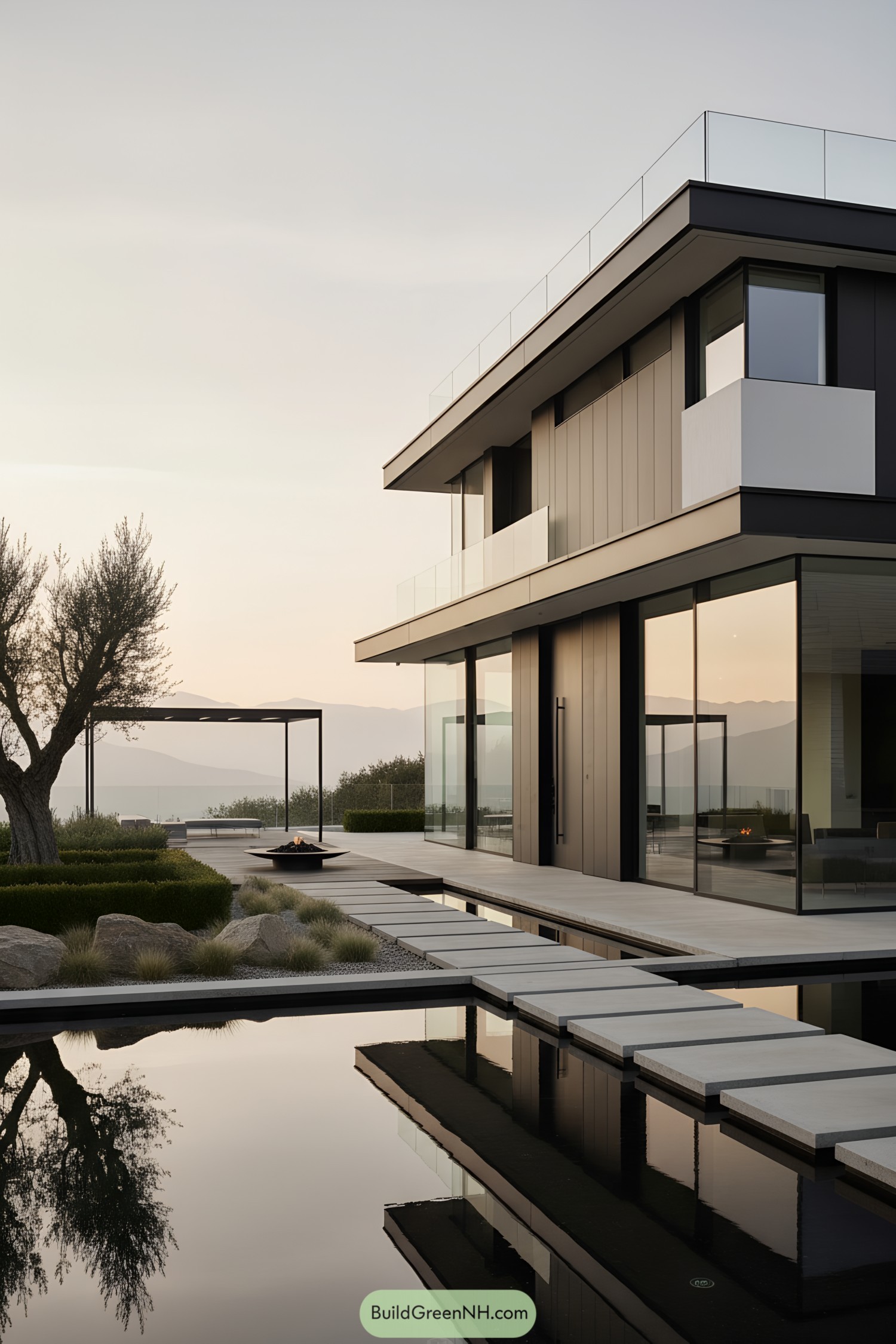 Minimalist glass house by reflecting pool at dusk