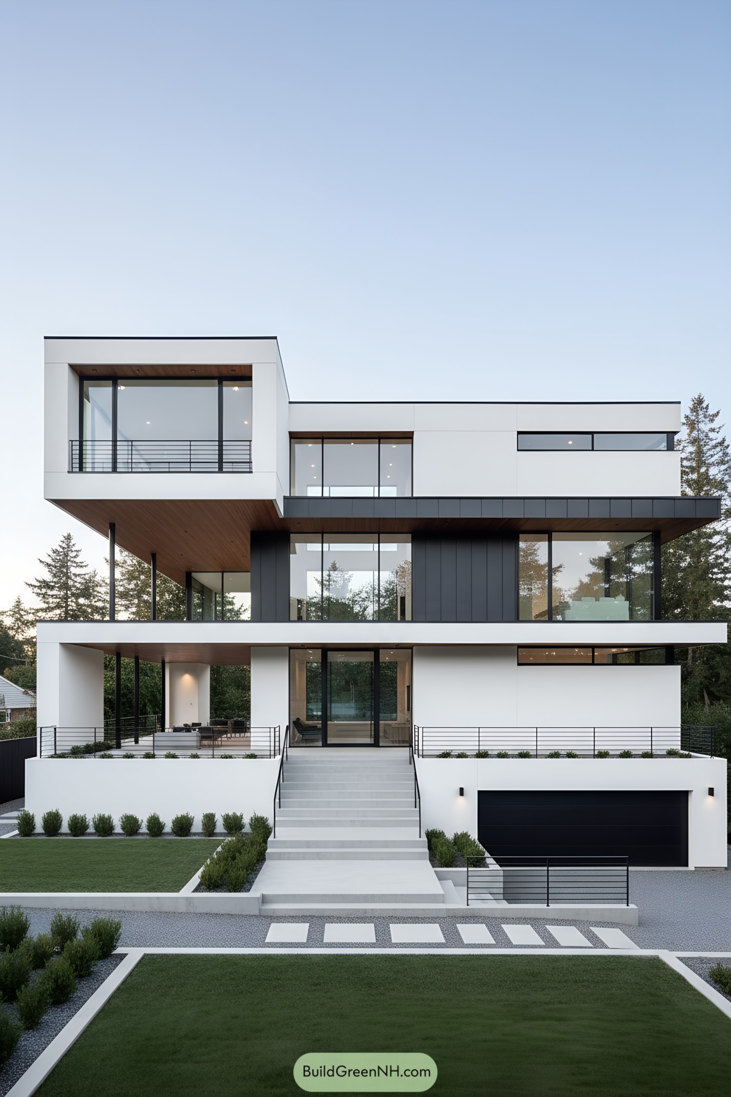 Minimalist white multi-level house with deep cantilevers and large glass walls