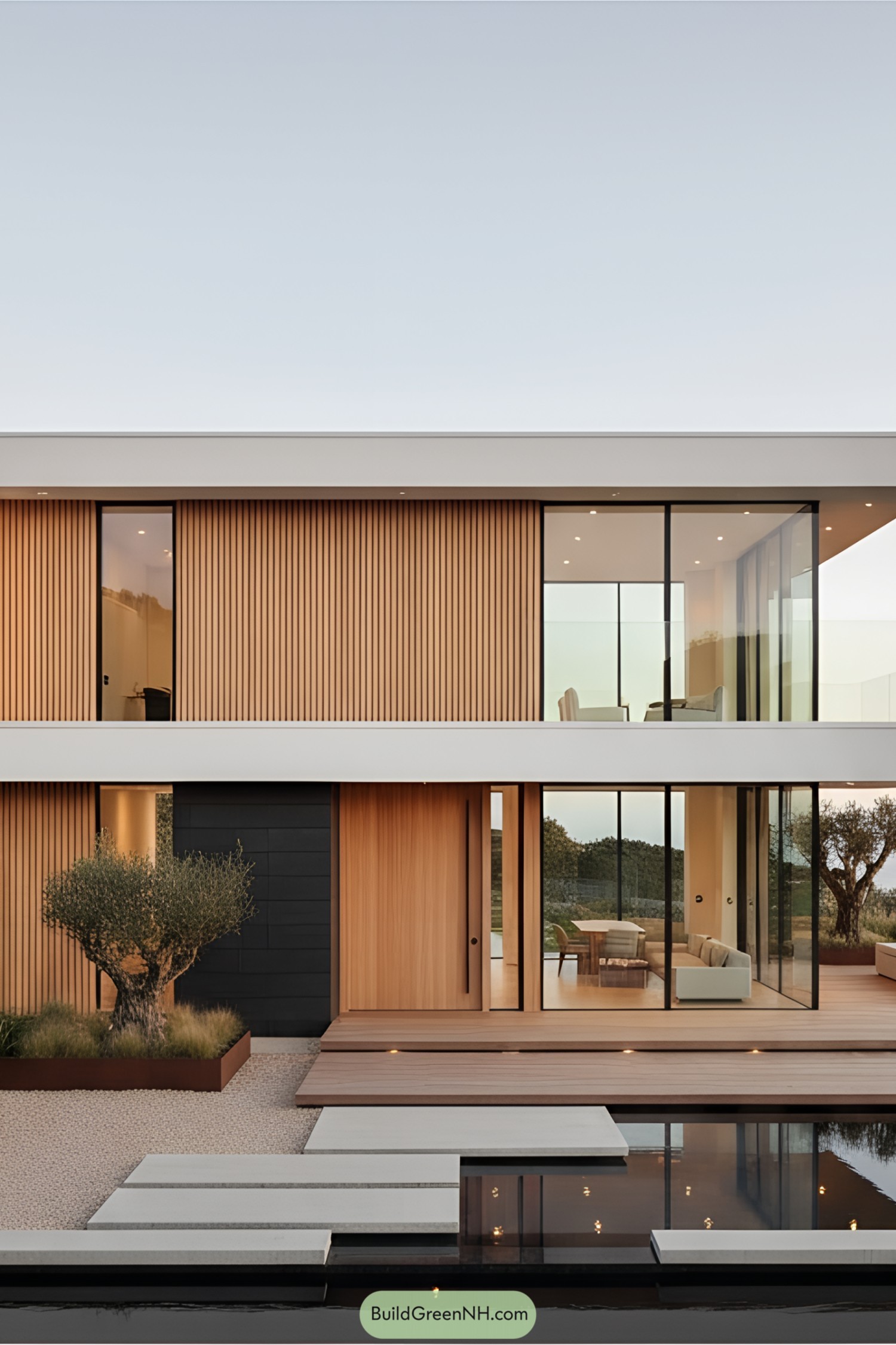 Two-story minimalist home with cedar slats, glass walls, and reflective pool