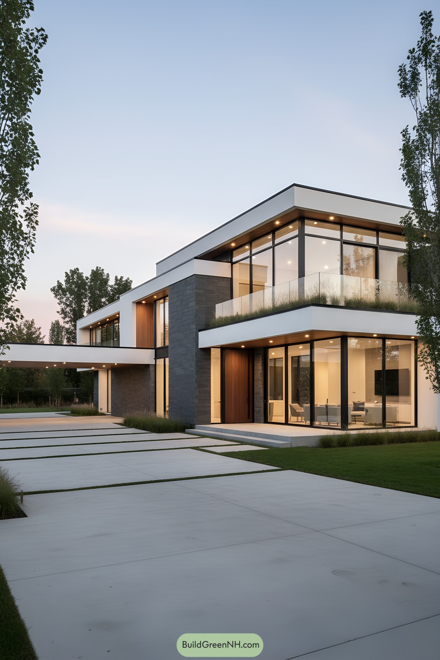 Two-story minimalist home with expansive glass walls and greened terrace