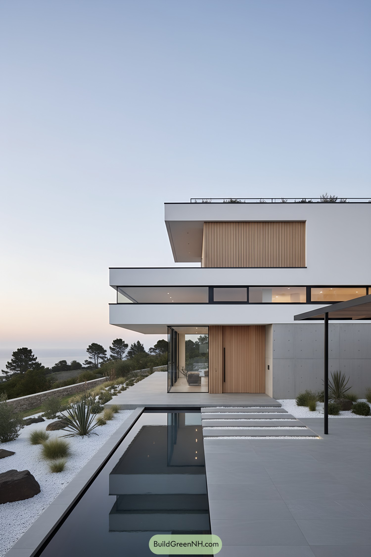 Minimalist house with tiered volumes and reflecting pool