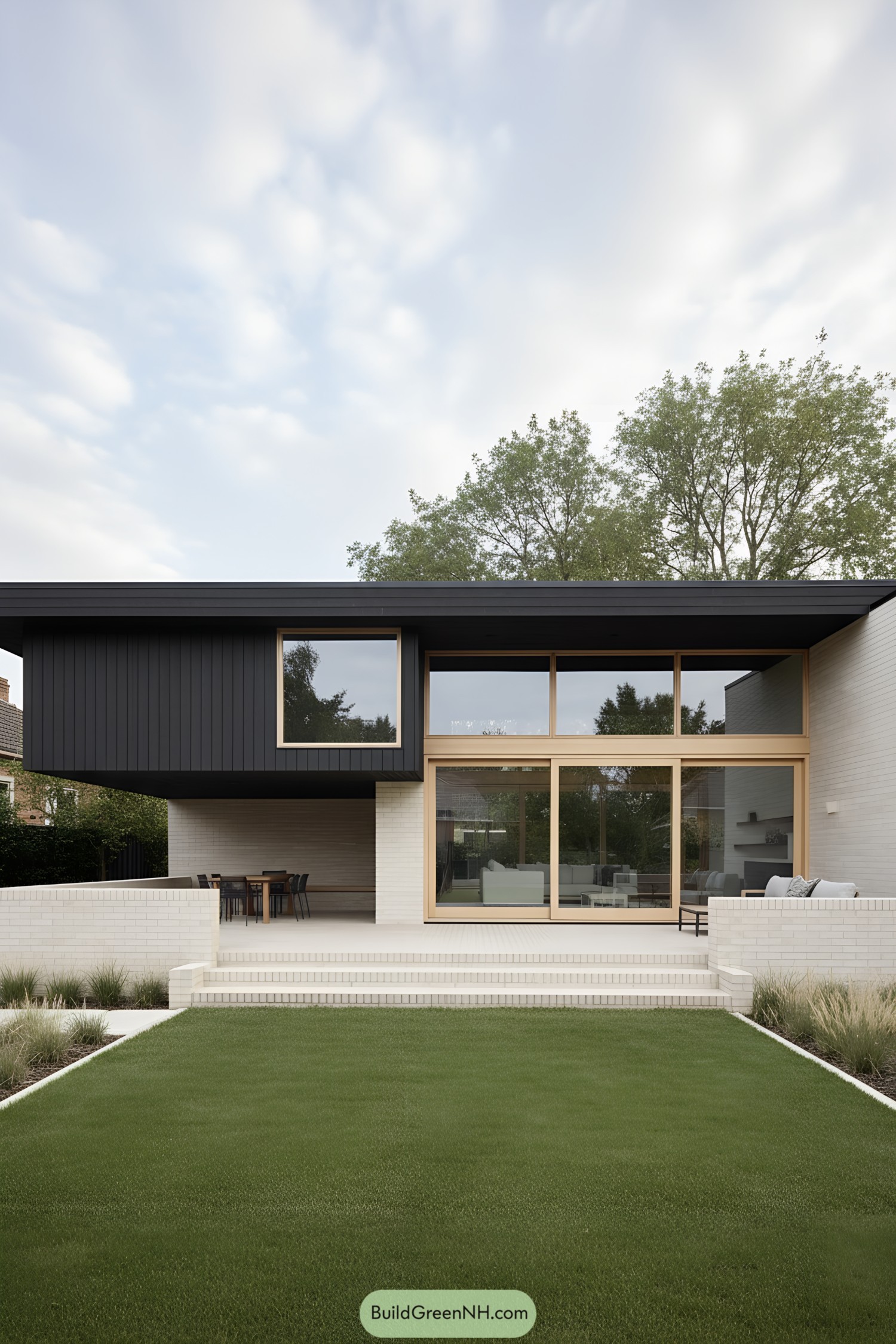 Modern black-and-white minimalist house with large windows and covered patio opening to a manicured lawn