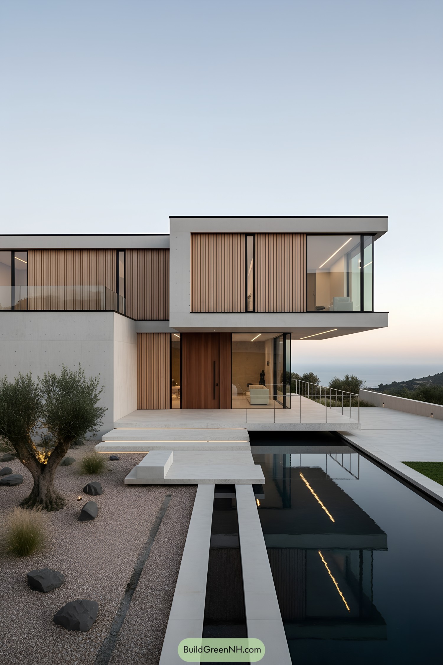 Minimalist concrete home with wood slats reflecting over a linear pool