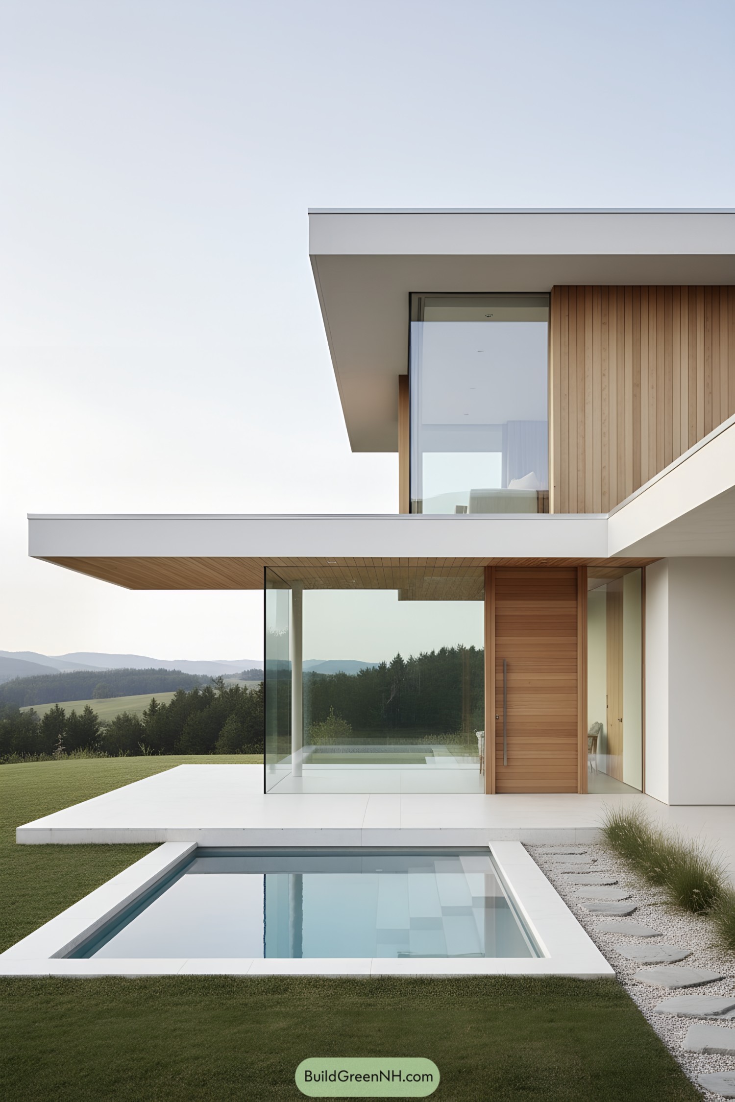 Minimalist hillside home with glass walls and a reflecting pool