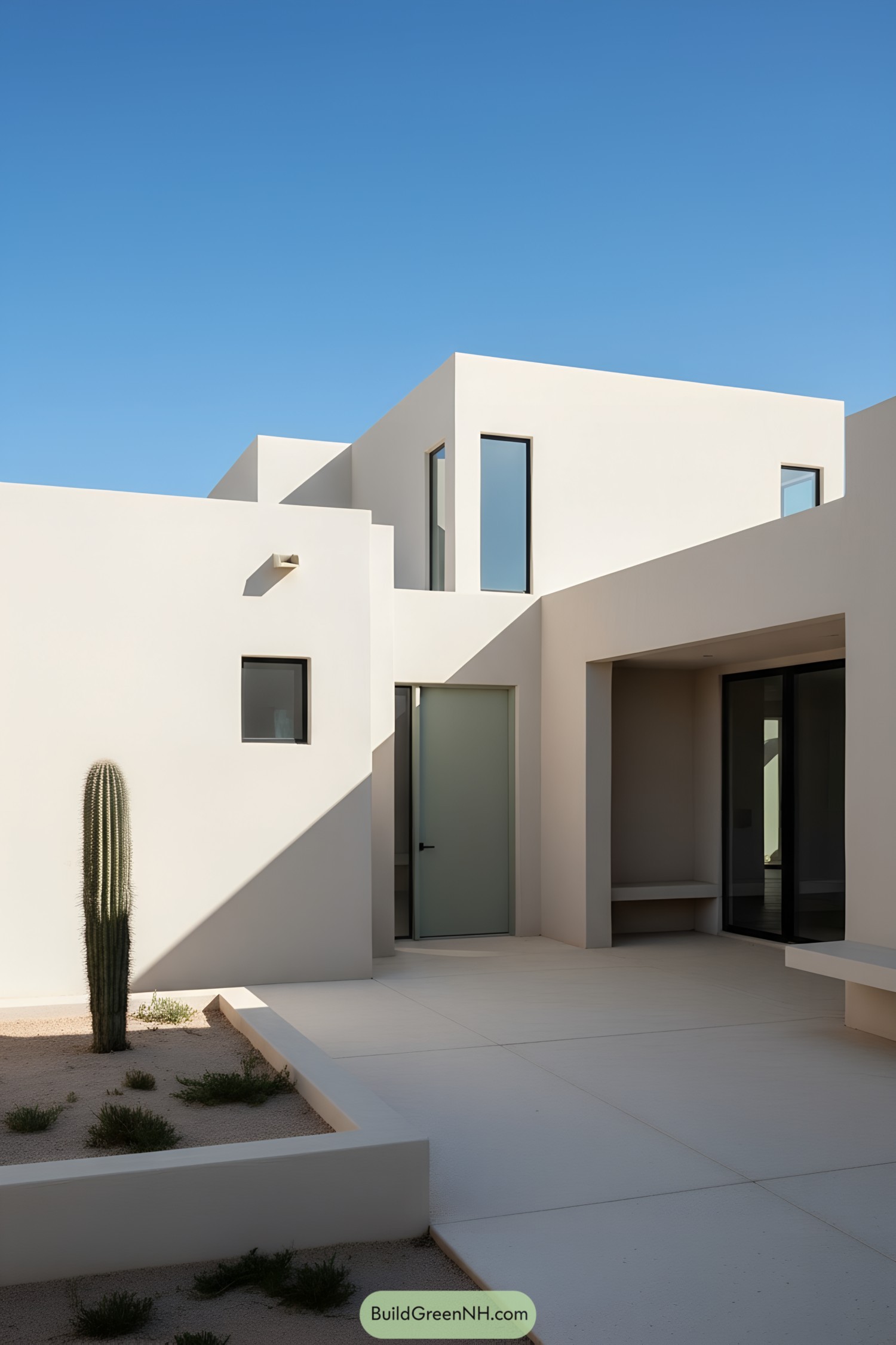 Minimalist white stucco courtyard with cactus and tall windows