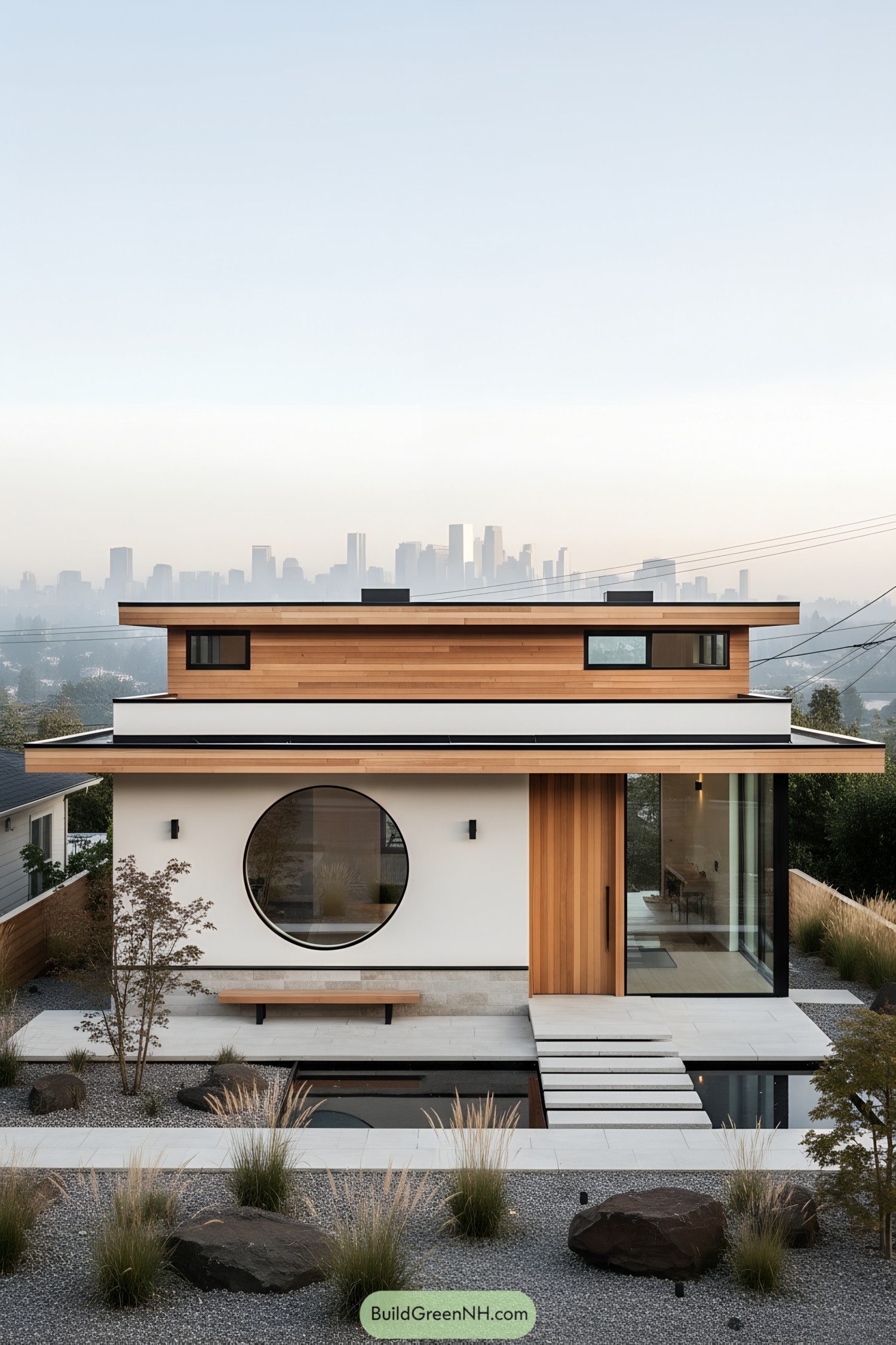 Minimalist house with circular window, cedar cladding, and gravel courtyard with stepping stones over reflecting water