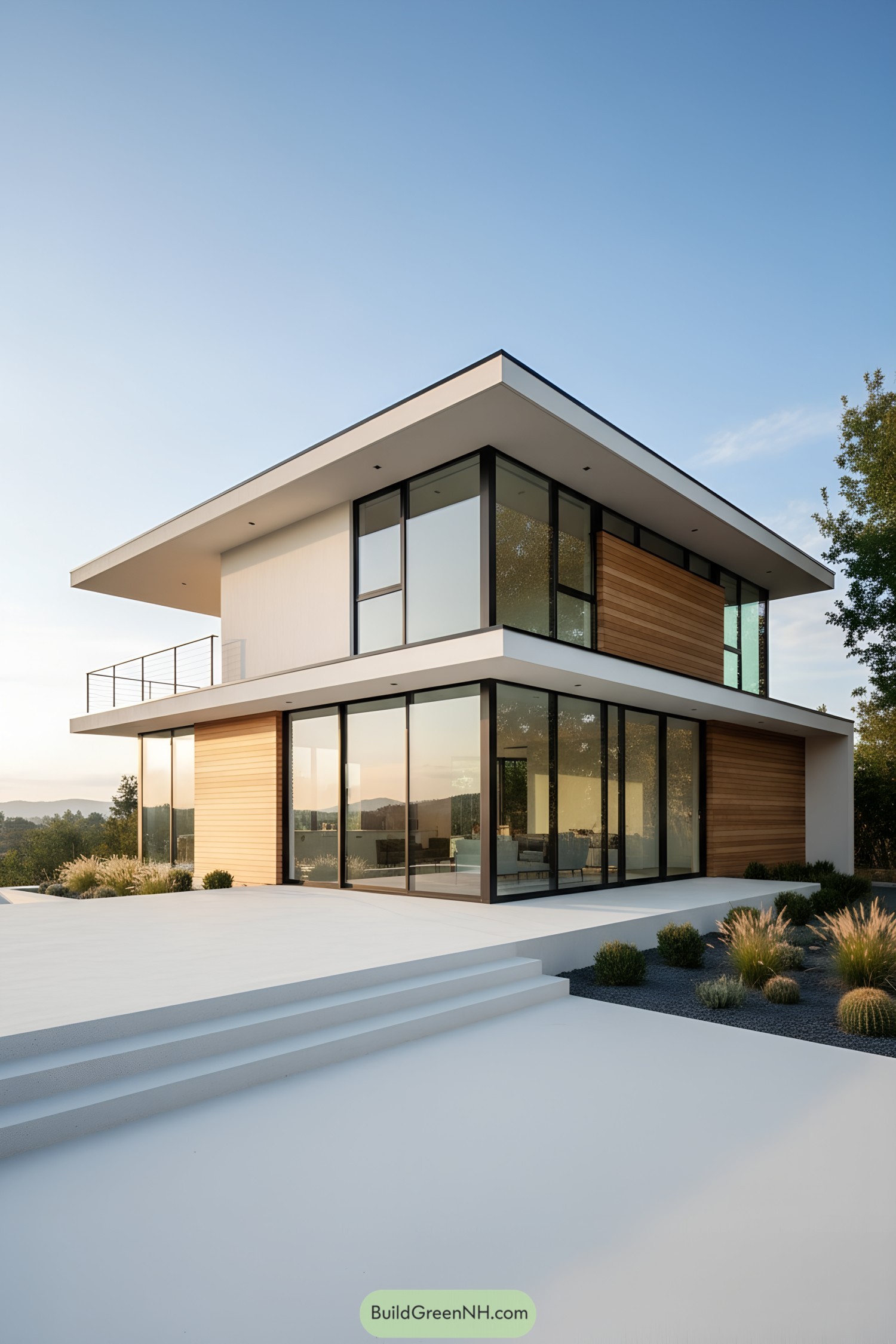 Two-story minimalist home with flat overhangs, glass walls, and warm wood cladding, set beside a sparse desert garden