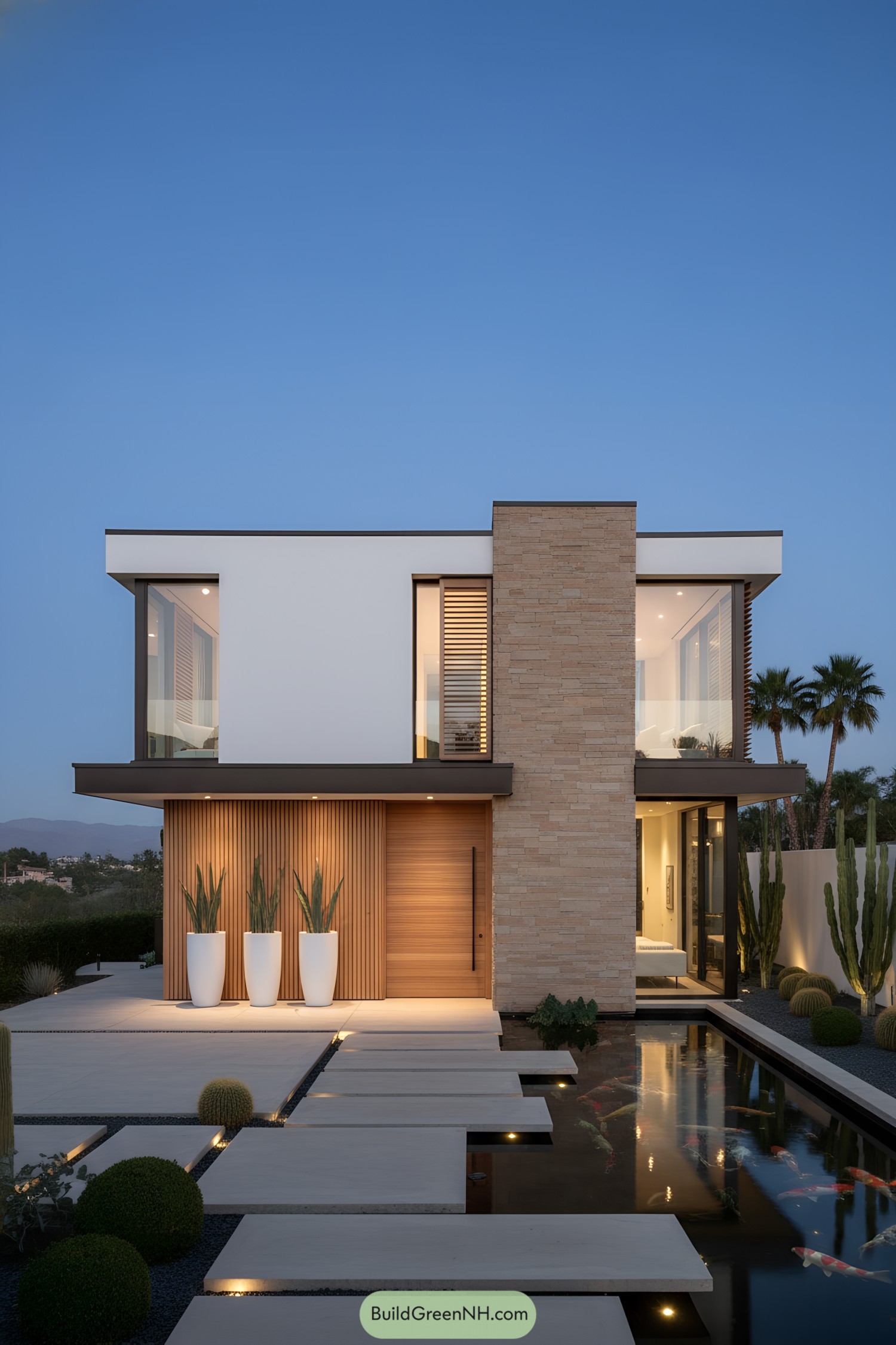 Modern two-story minimalist house with stone chimney, wood slats, and koi pond with stepping pads at dusk