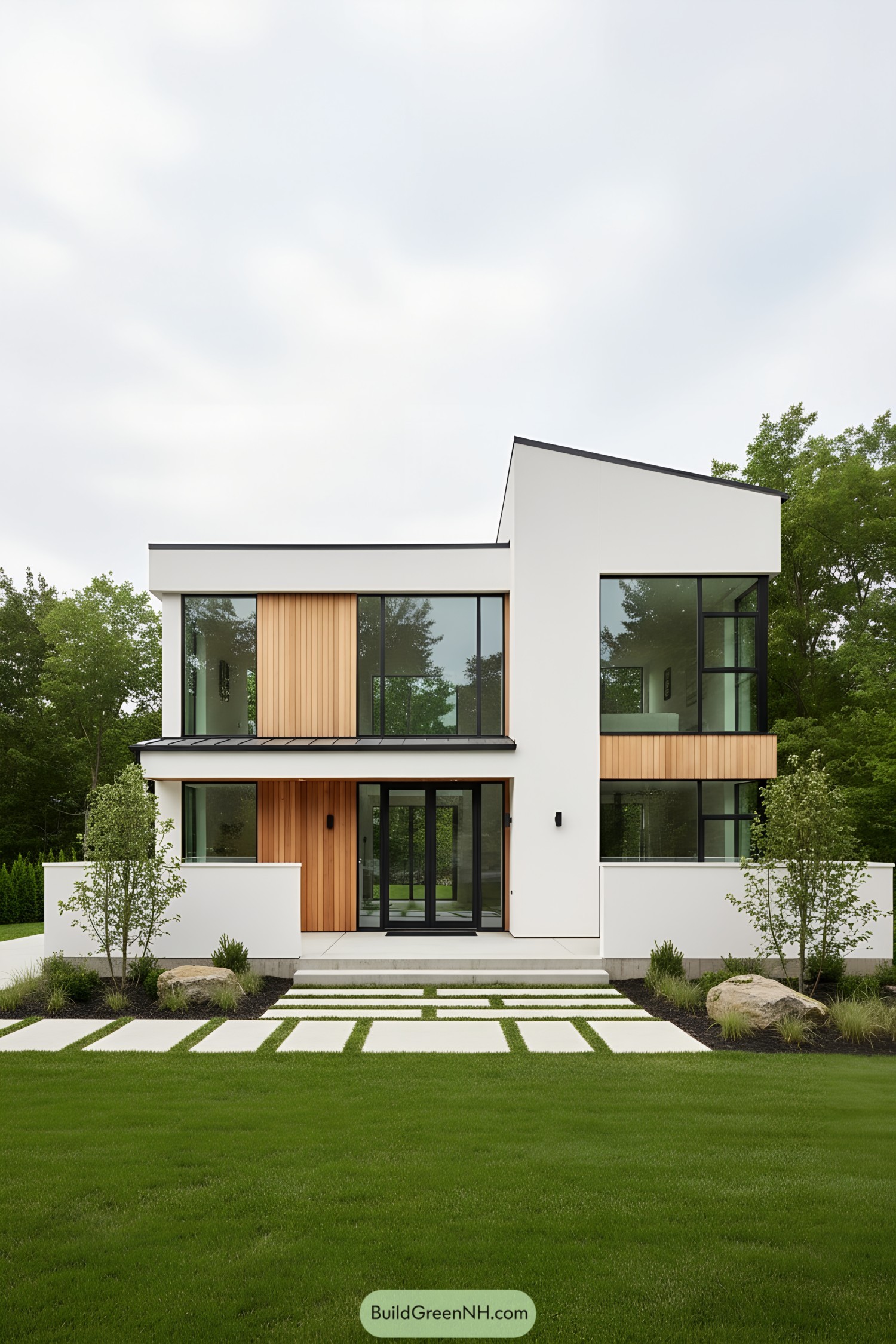 Minimalist white house with wood accents and large glass