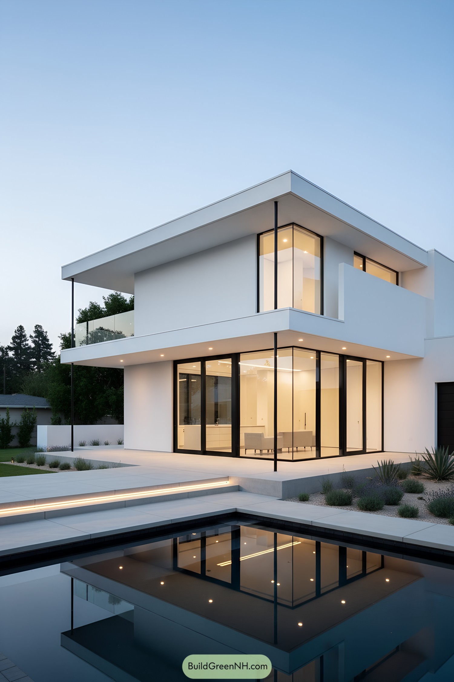 Two-story white modern home with glass walls and pool