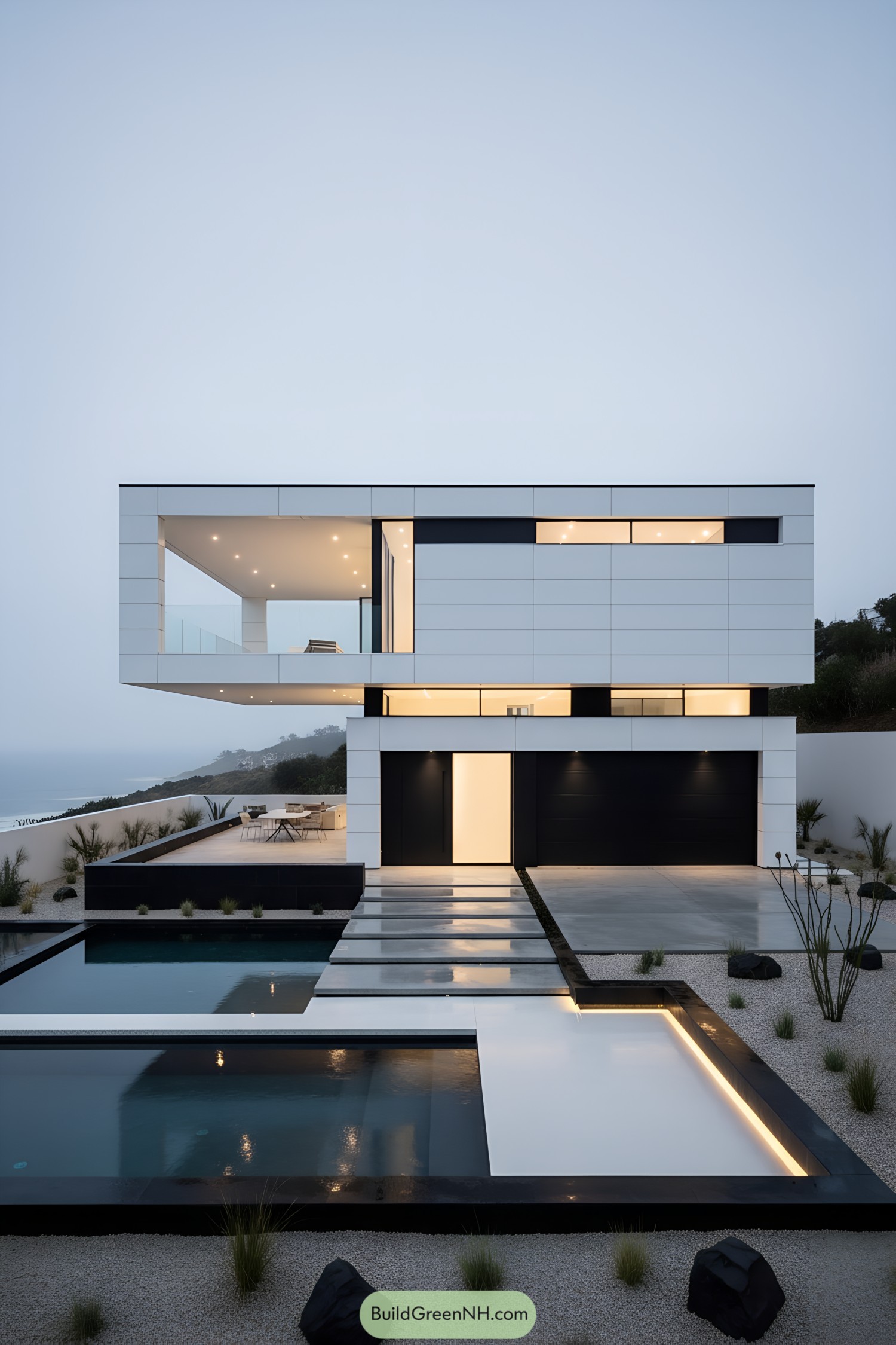Minimalist white cubic home with stepped reflecting pools and coastal terrace at dusk