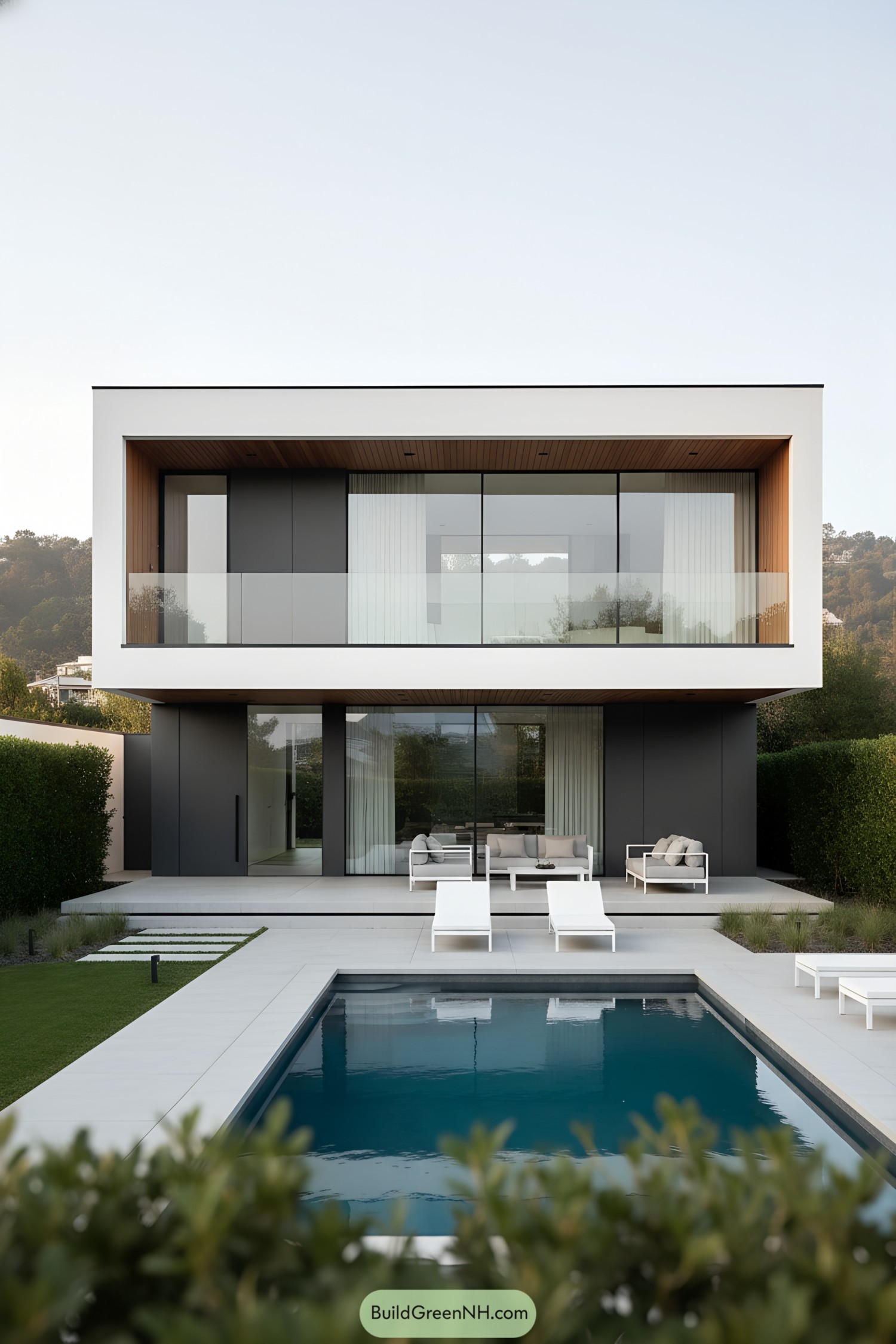 Two-story minimalist house with deep-set balconies and a rectangular pool in a landscaped yard