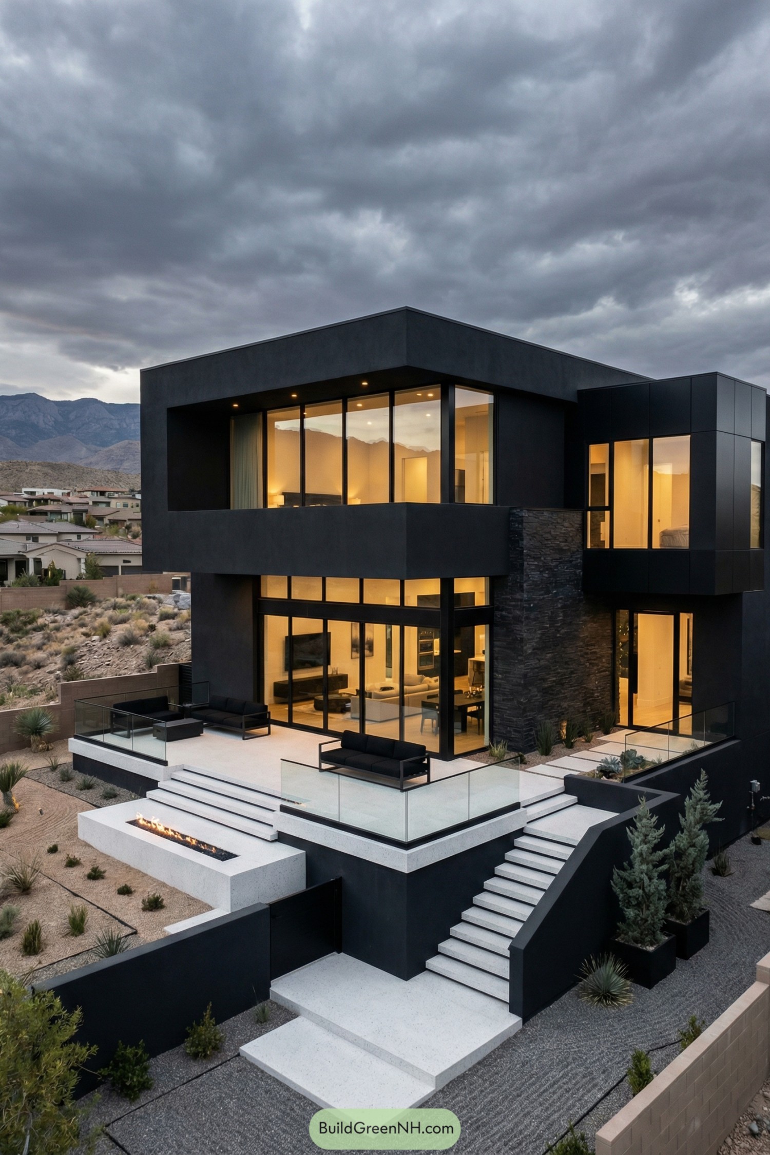 Modern black cube home with tiered terraces and glowing windows in a desert setting
