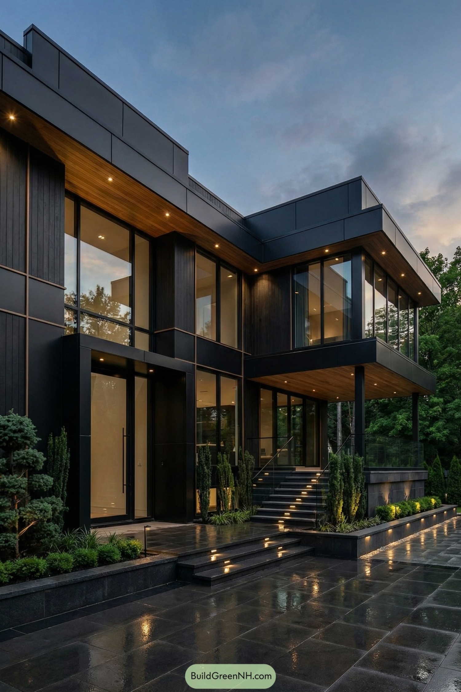 Modern black mansion with warm wood soffits and expansive glass walls at dusk