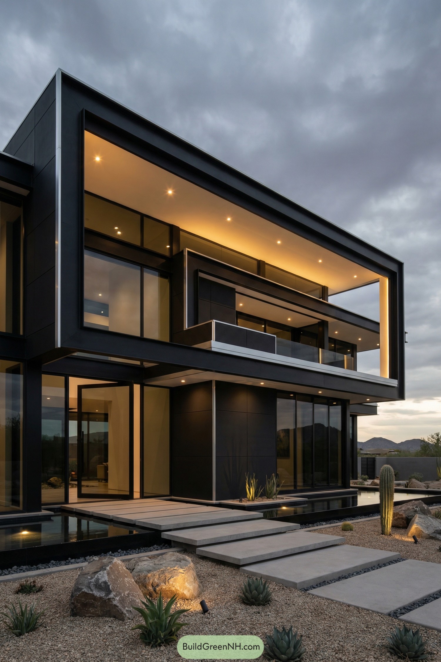 Black steel modern villa with warm recessed lighting and desert landscaping