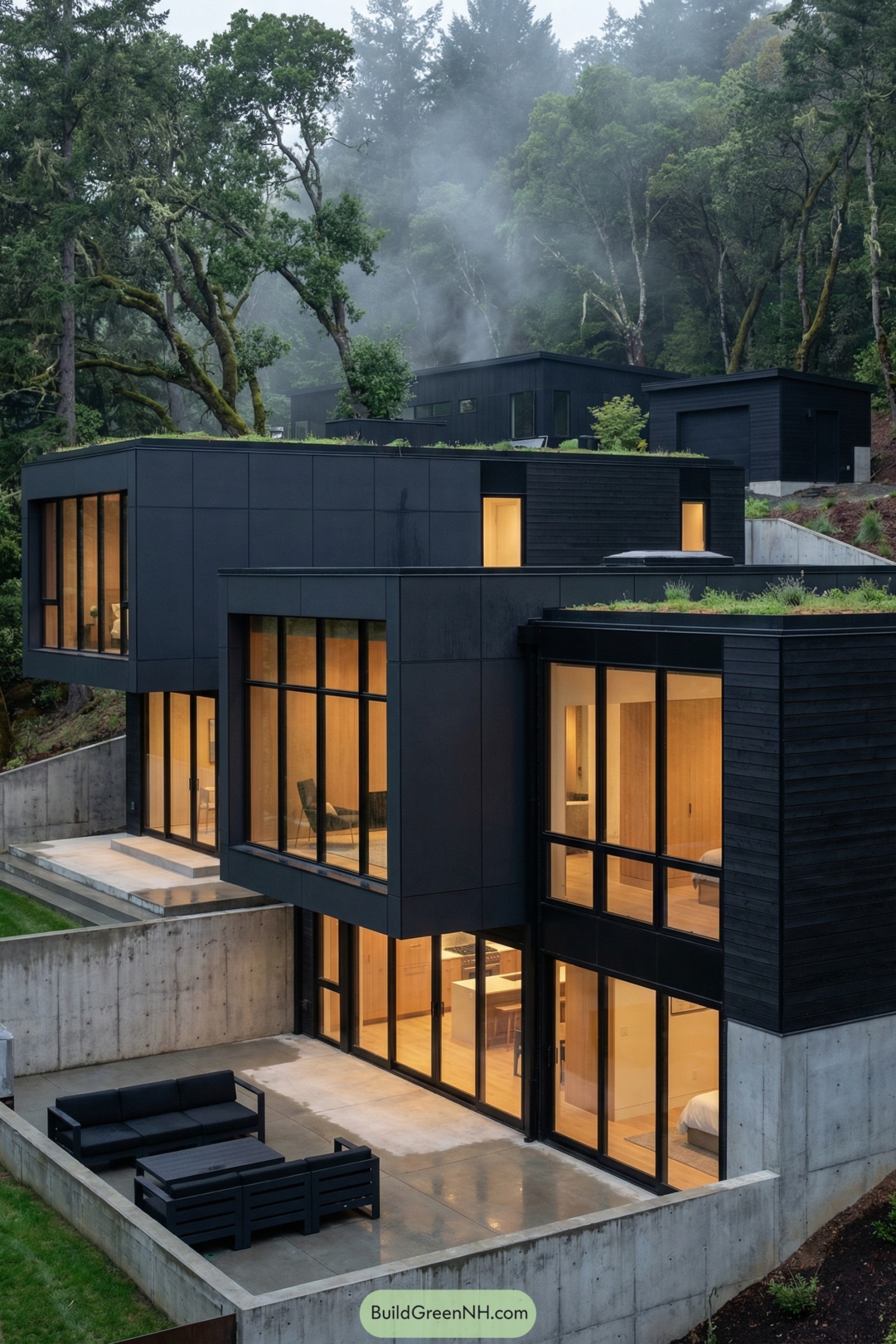 Black modern hillside home with large glass walls and terraced concrete patios
