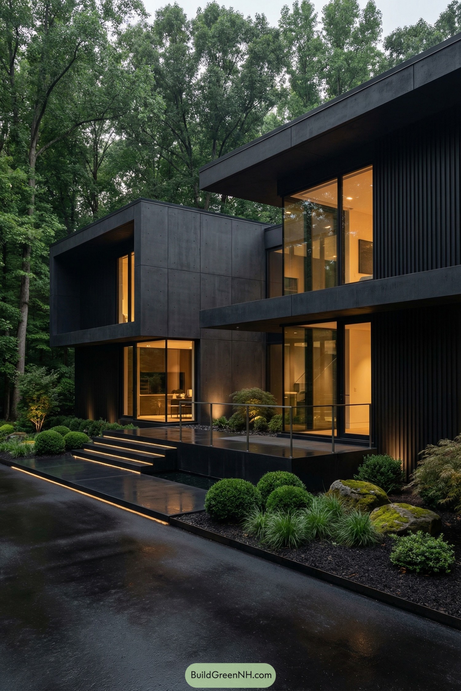 Modern black villa with glowing glass boxes