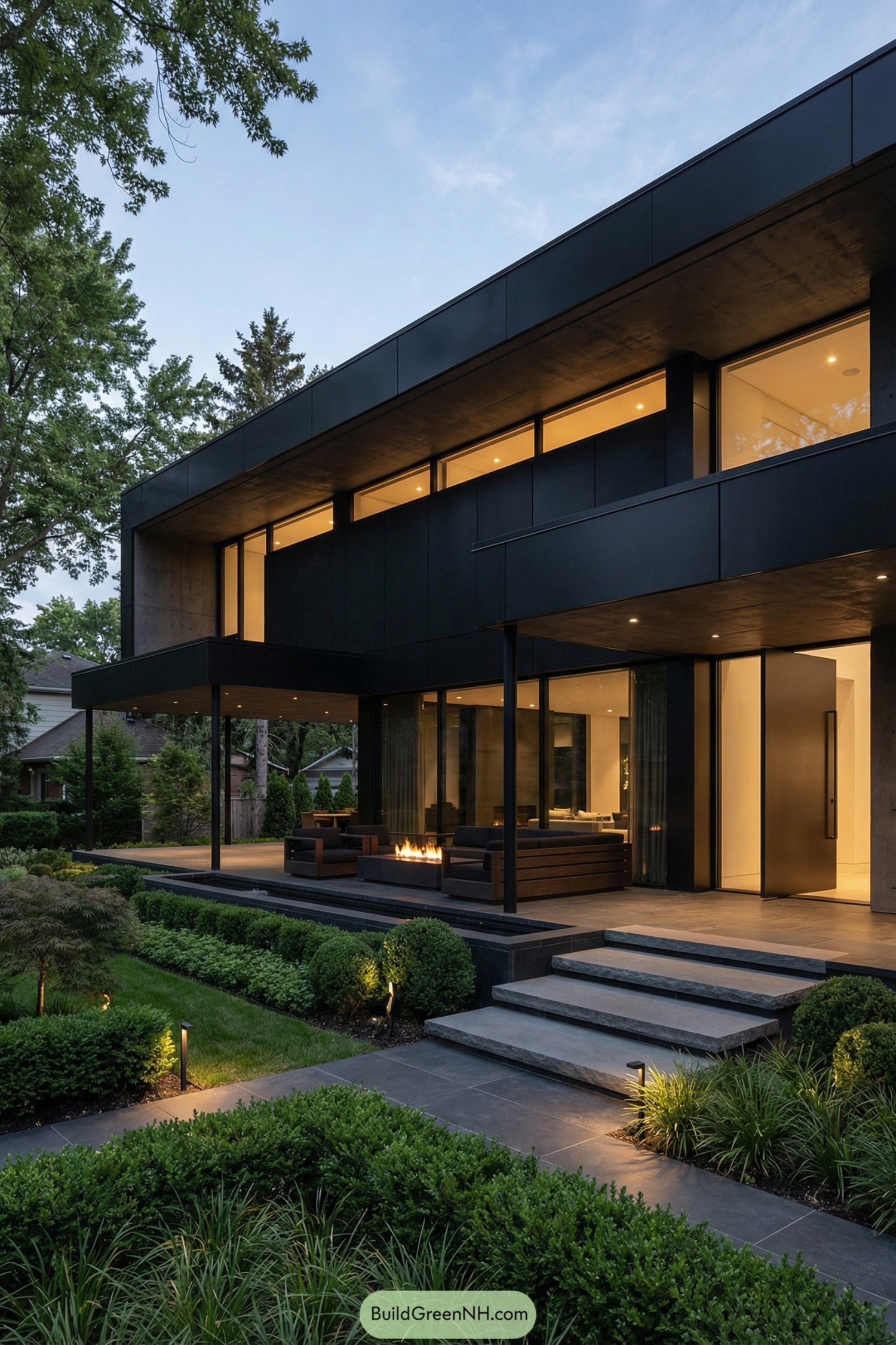 Modern black mansion with glass walls and lit terrace seating around a fire feature