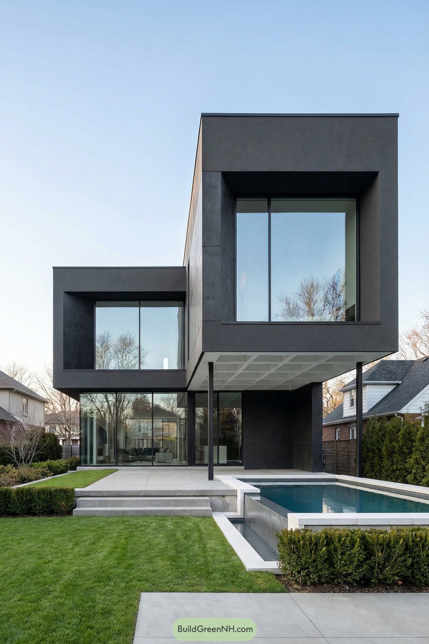 Black modern house with glass walls and a sleek pool