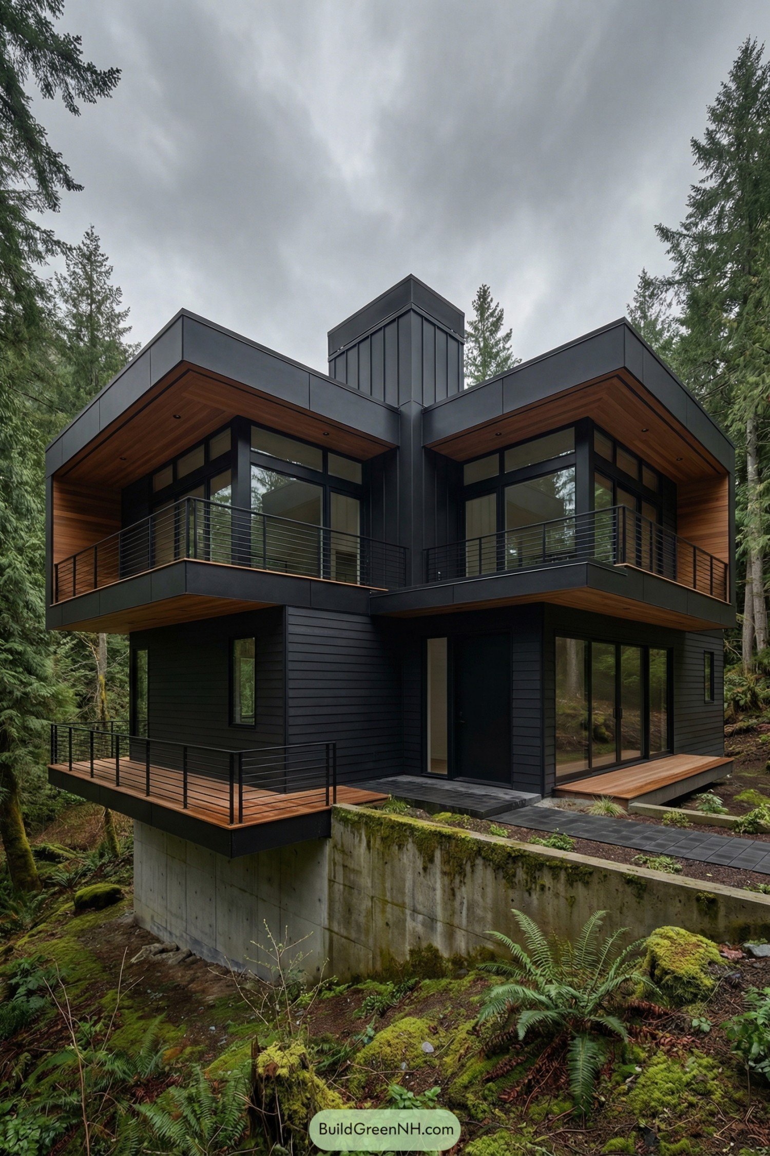 Black steel and cedar-clad modern house balanced over a mossy ravine with cantilevered decks