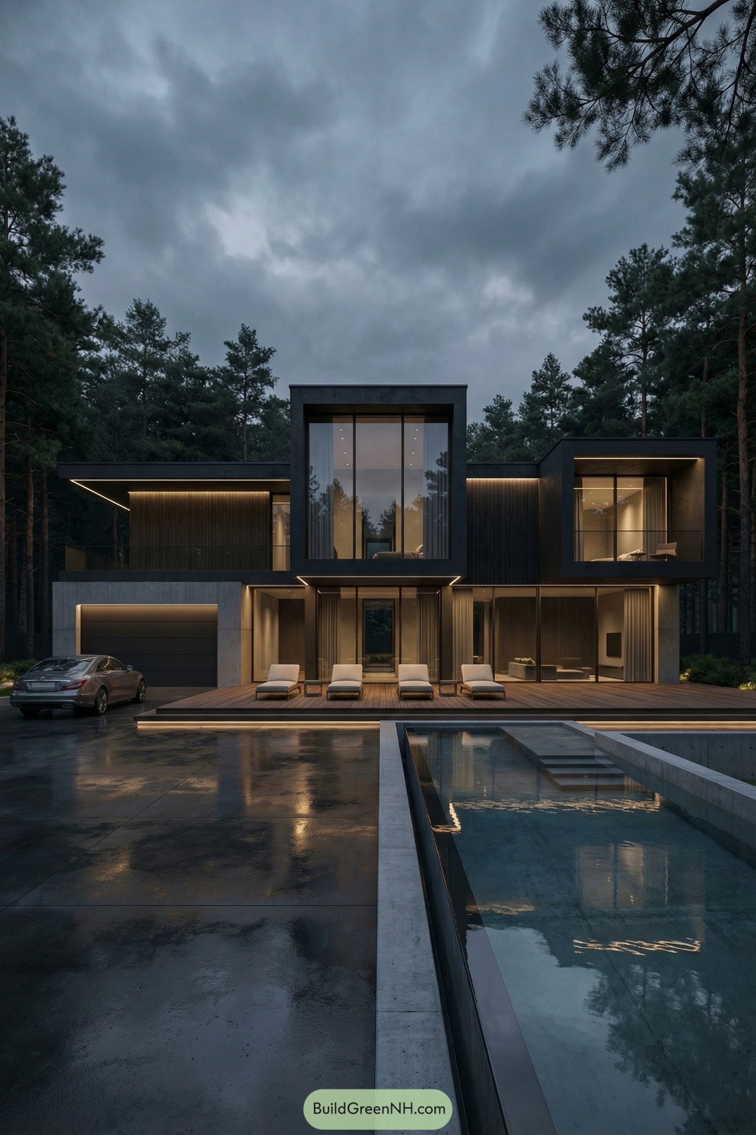 Modern black mansion with wood deck and pool