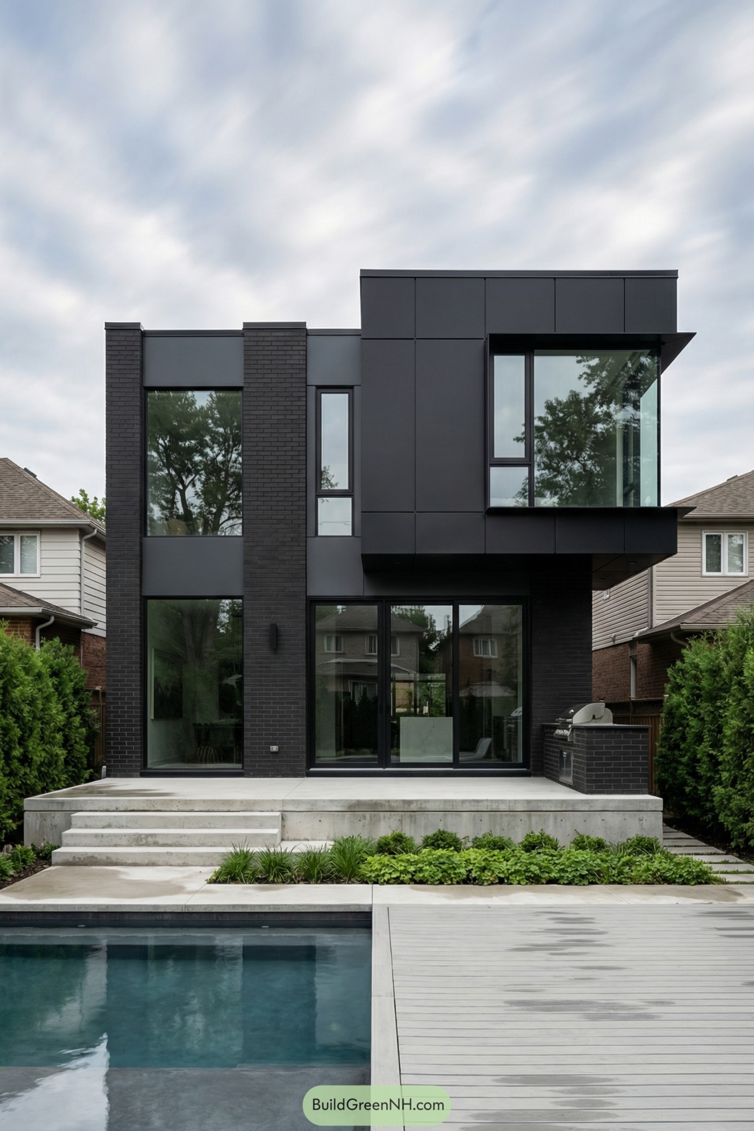Black cubic house with large glass wall facing a pool