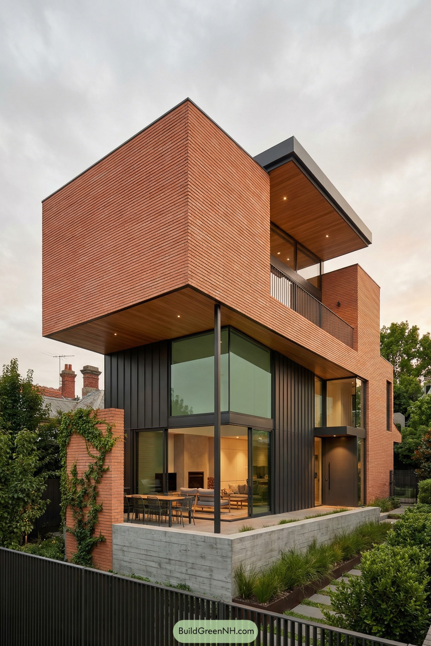 Modern brick house with cantilevered volumes and glass