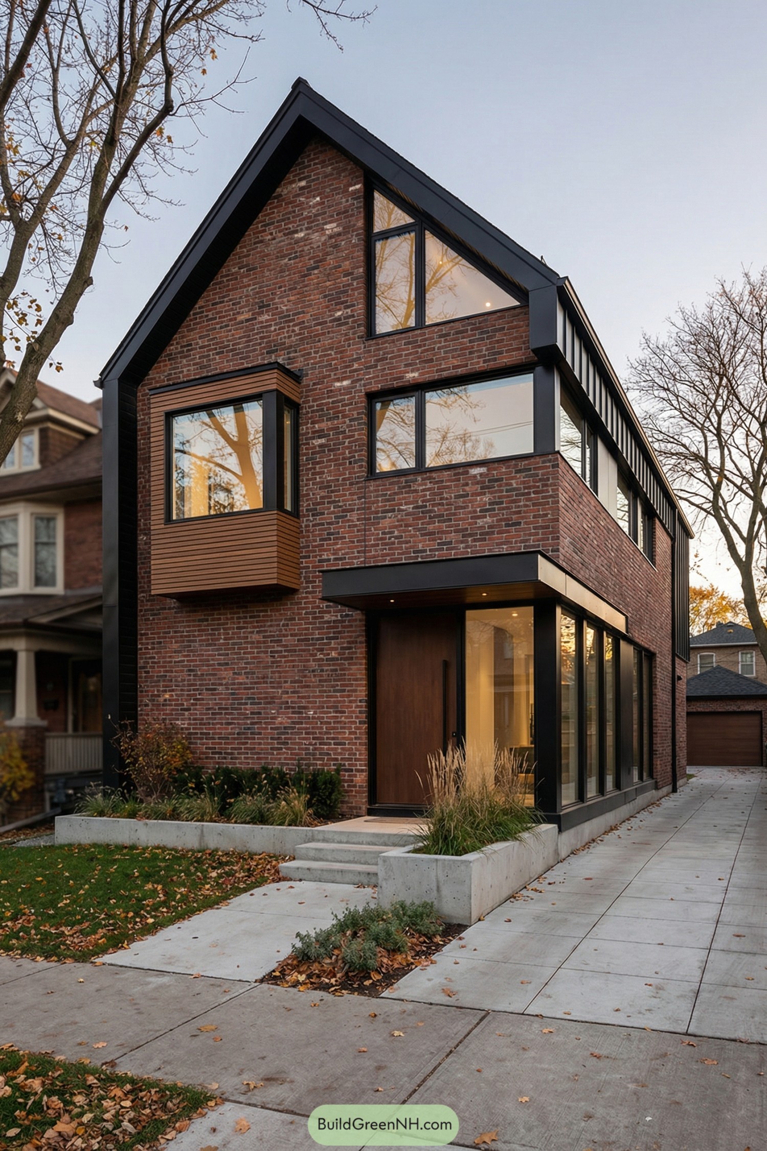 Modern brick house with black trim and large windows