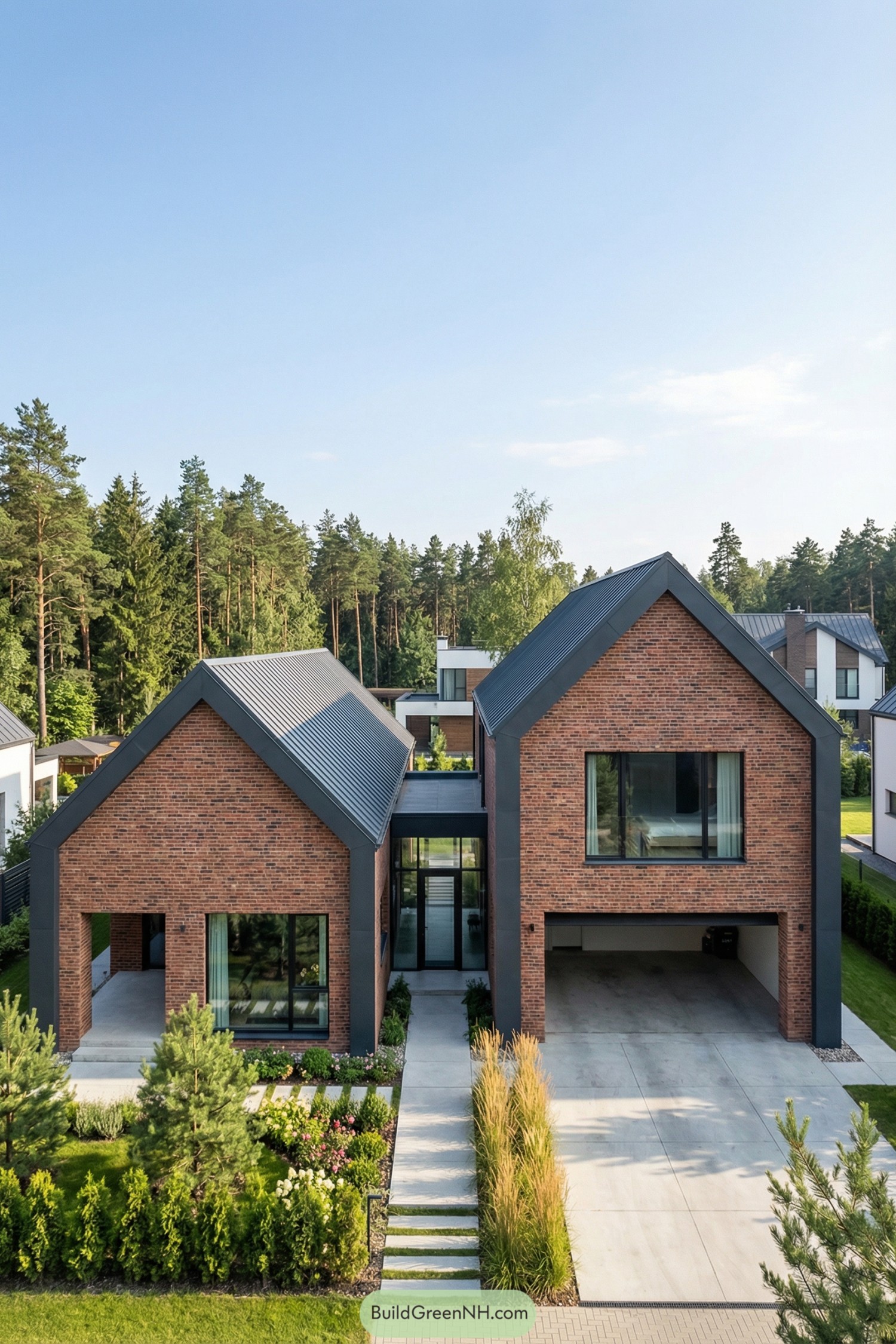 Two-gabled modern brick house with dark metal trim and glass link