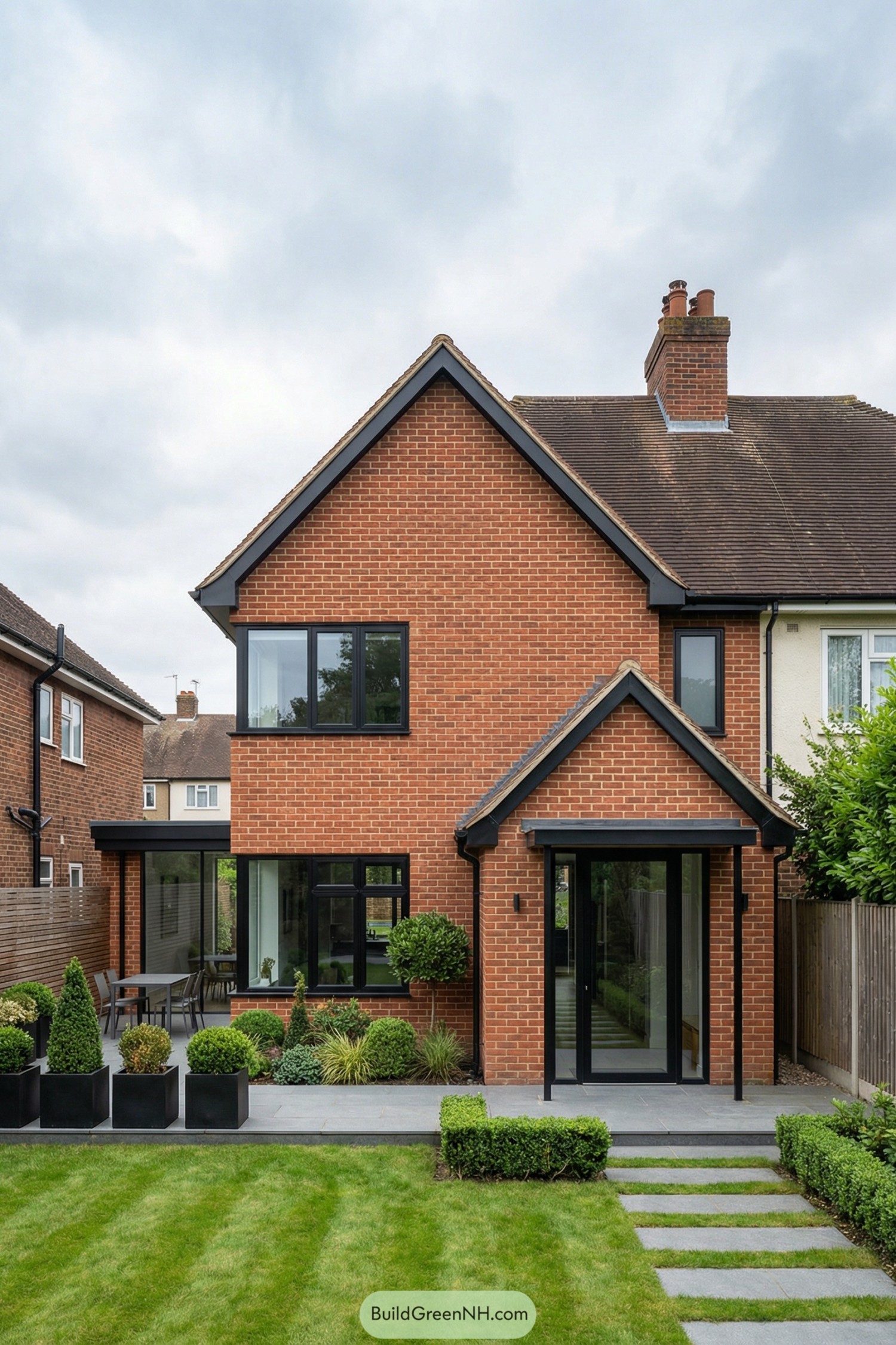Modern brick house with black-framed windows and manicured garden