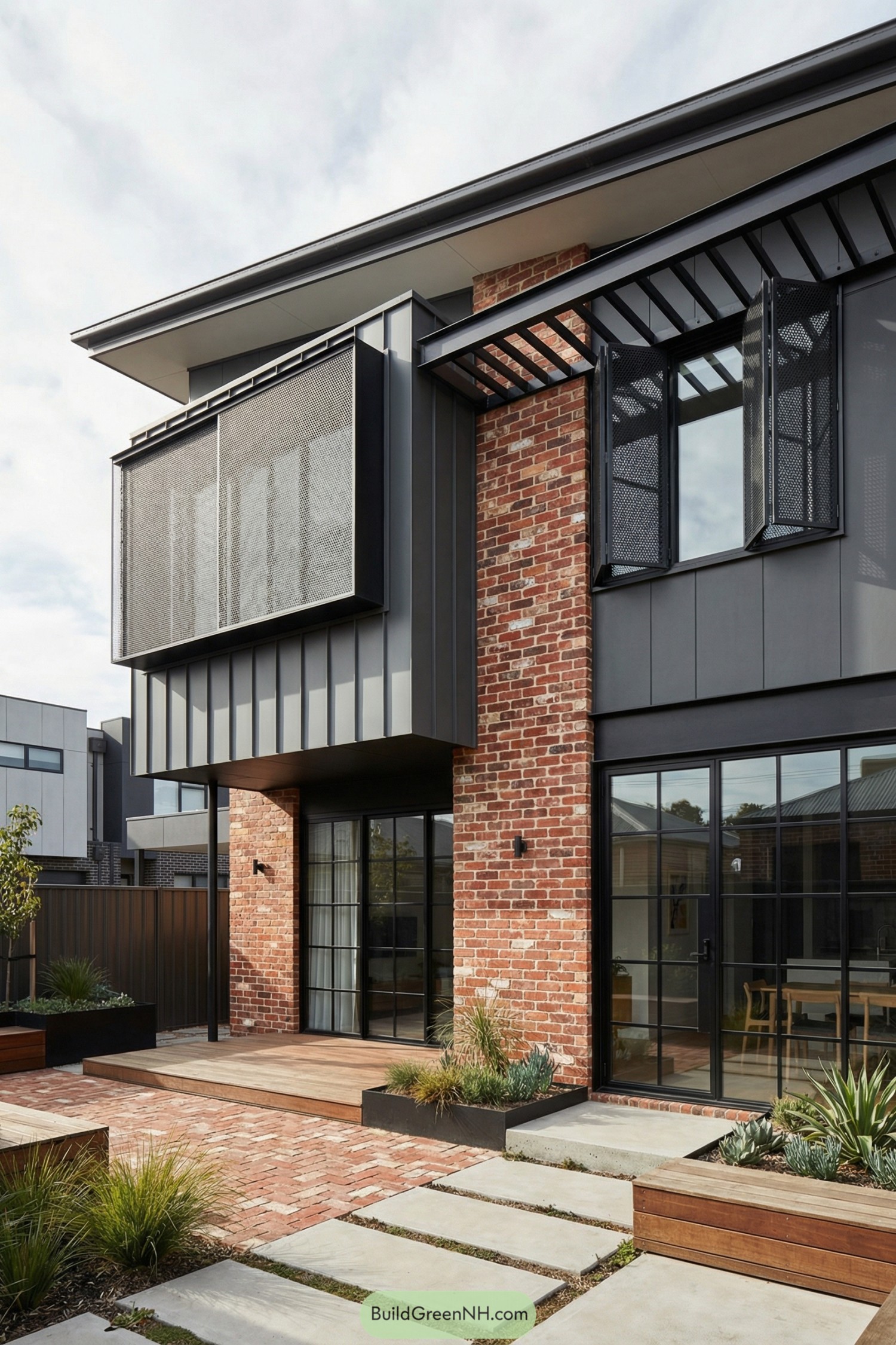 Modern brick house with black metal accents and courtyard